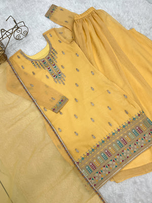Crunchy Silk Embroidered Kurta-Sharara Set – Yellow