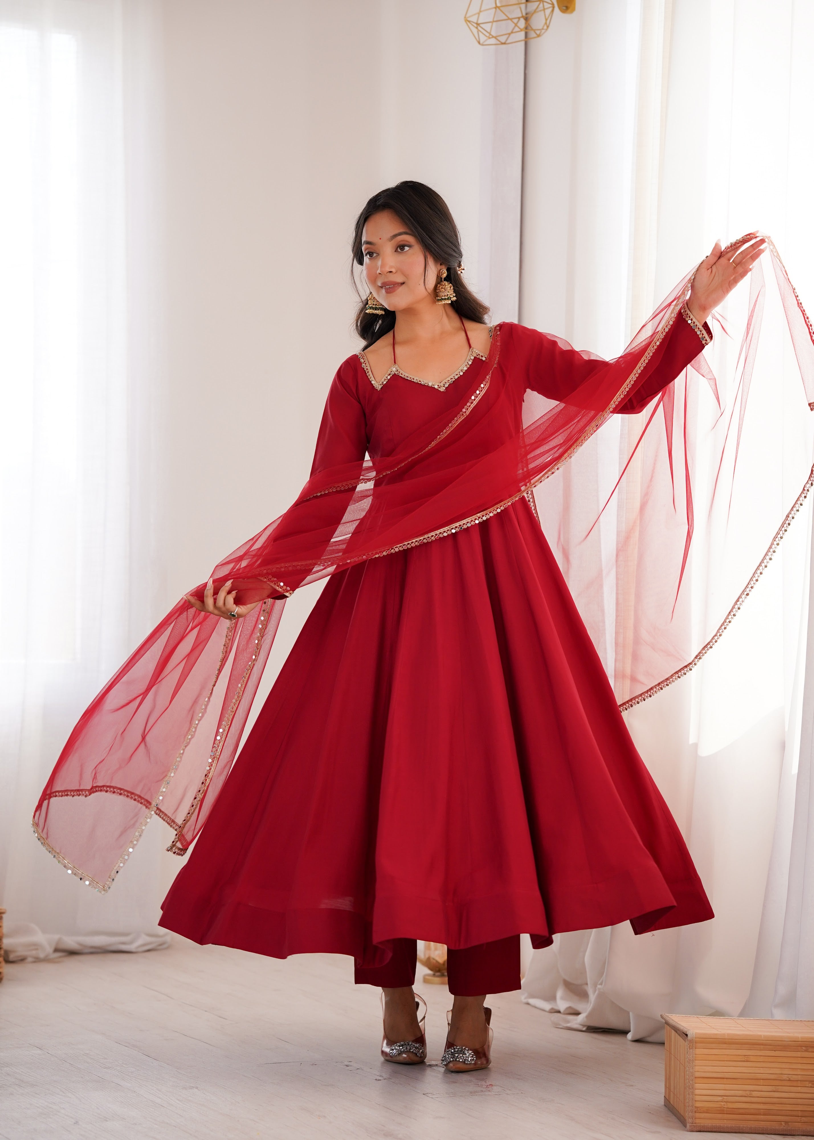 Roman Chanderi Silk Embroidered Anarkali Set – Maroon
