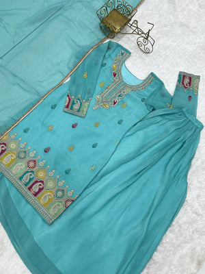 Crunchy Silk Embroidered Kurta-Sharara Set – Sky Blue