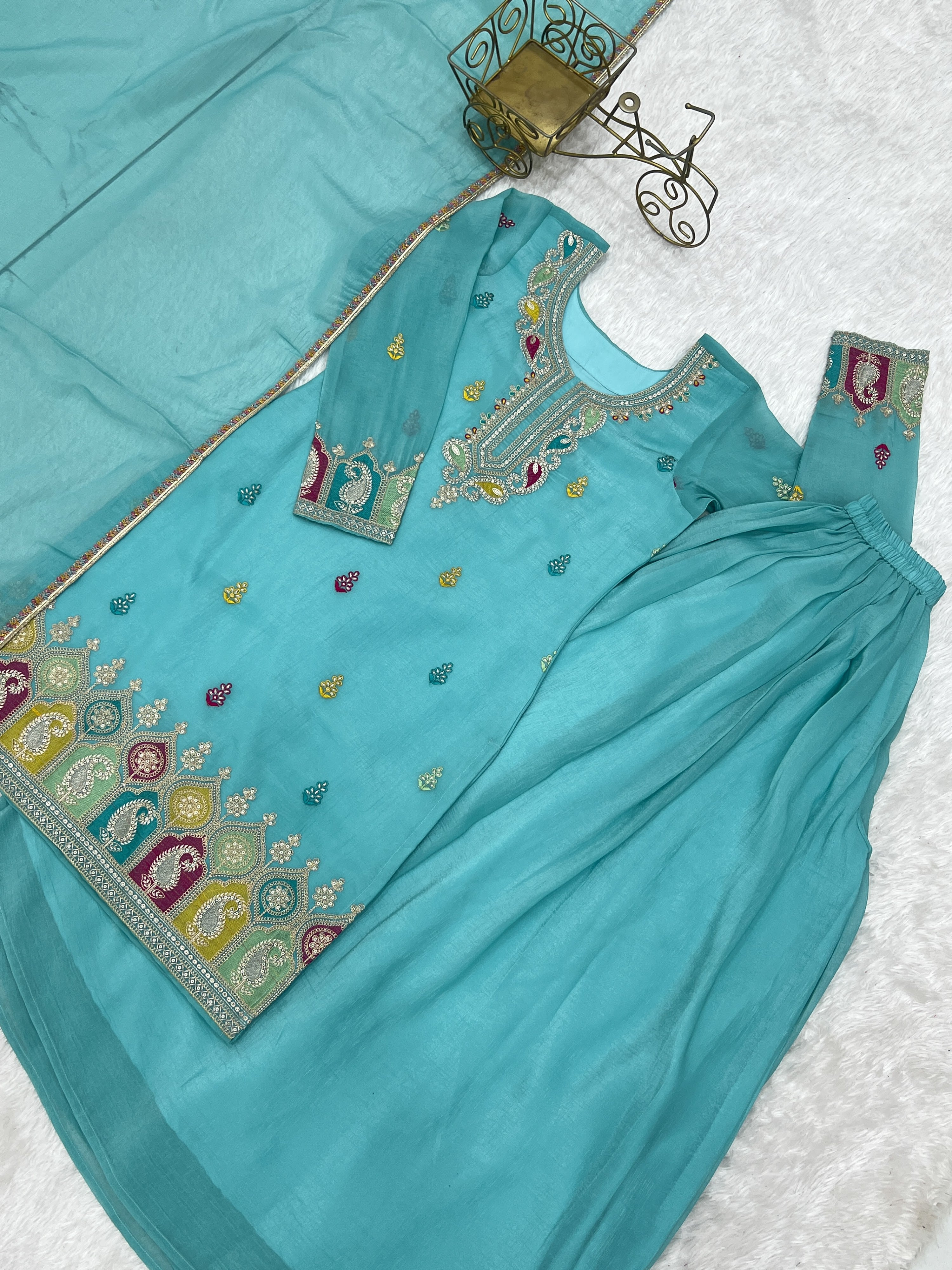 Crunchy Silk Embroidered Kurta-Sharara Set – Sky Blue