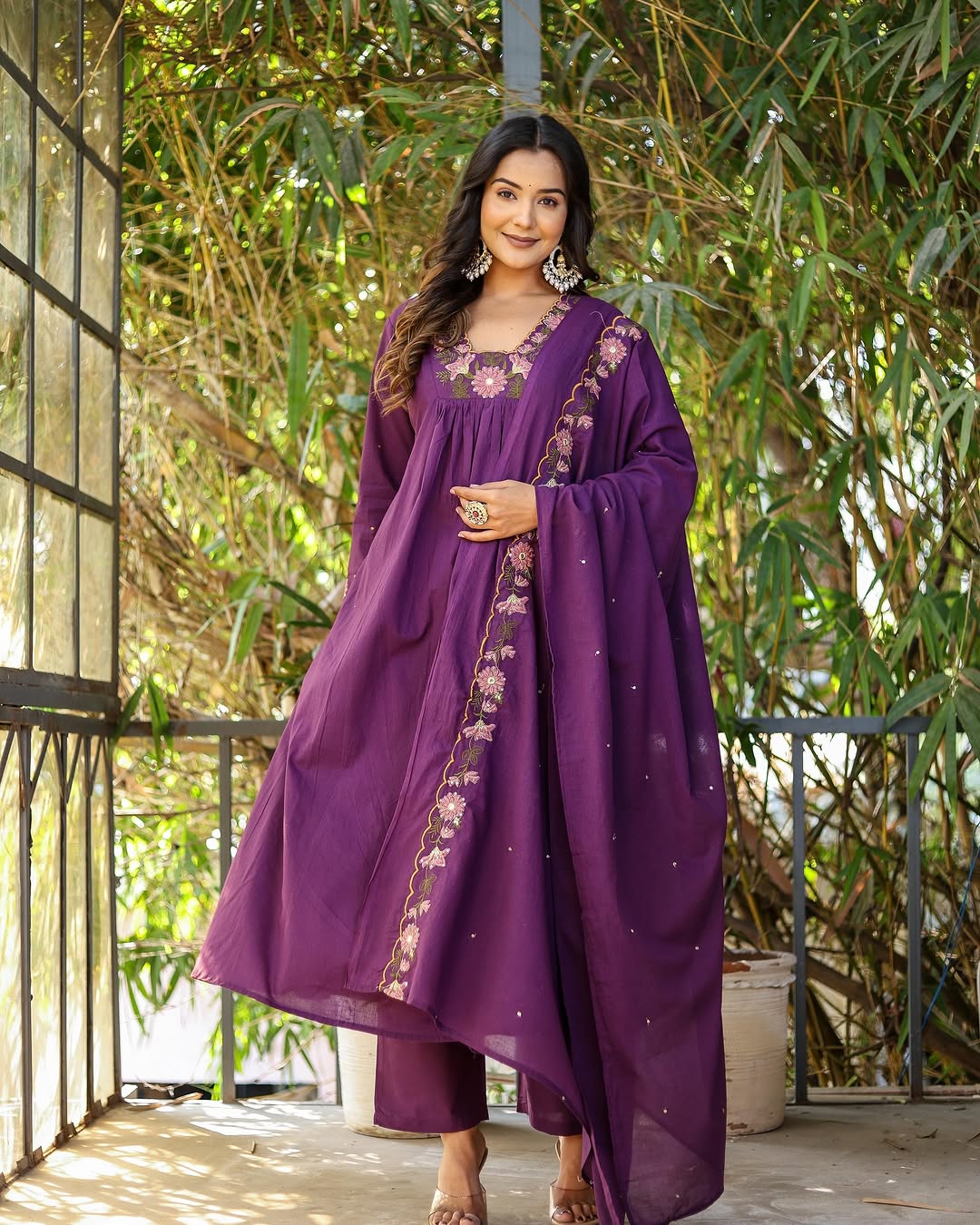 Soft Rayon Slub Embroidered Kurta Pant Dupatta Set – Purple