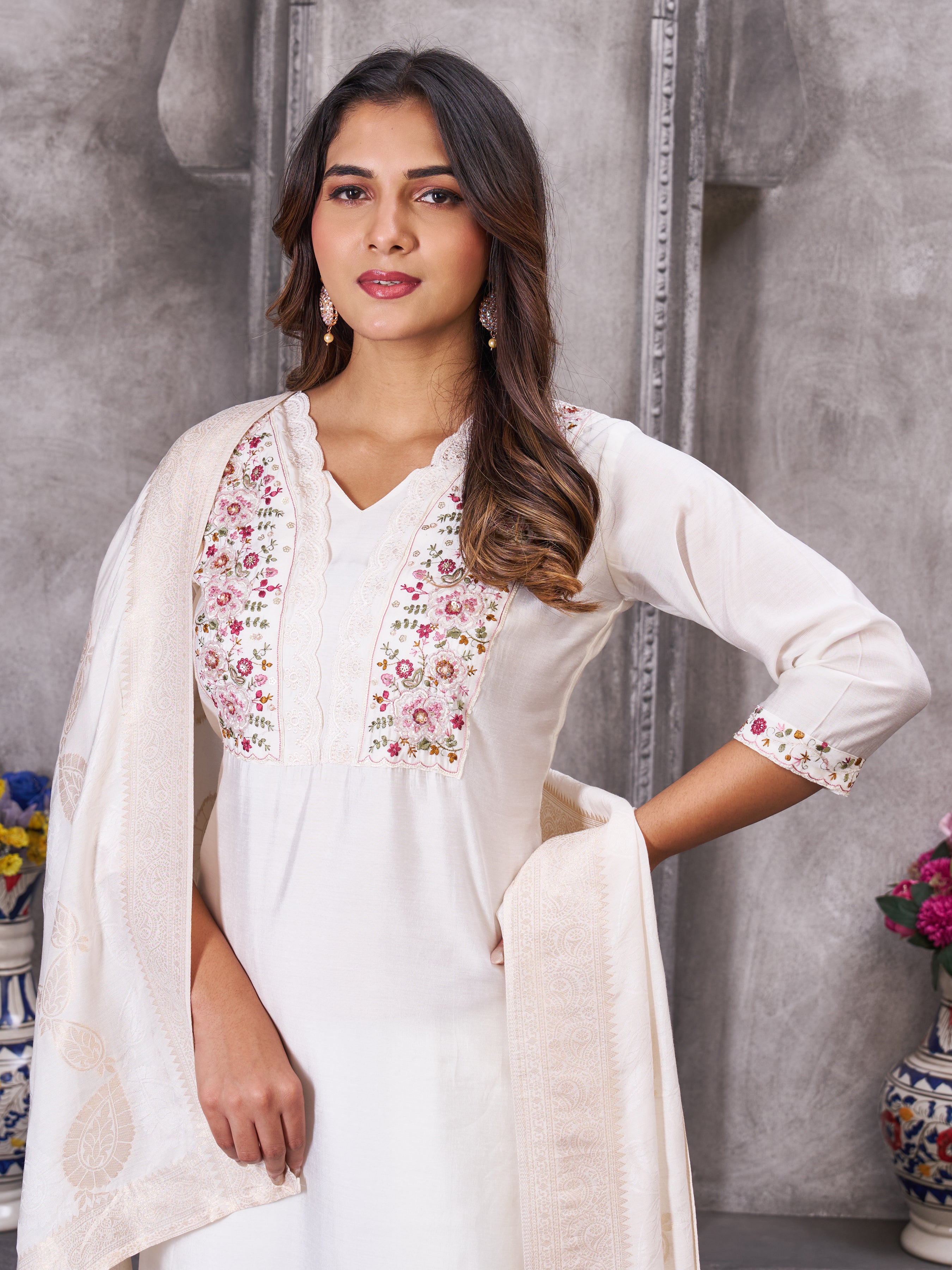 Roman Silk Embroidered Straight Kurti Set – White