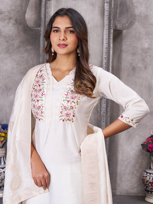 Roman Silk Embroidered Straight Kurti Set – White
