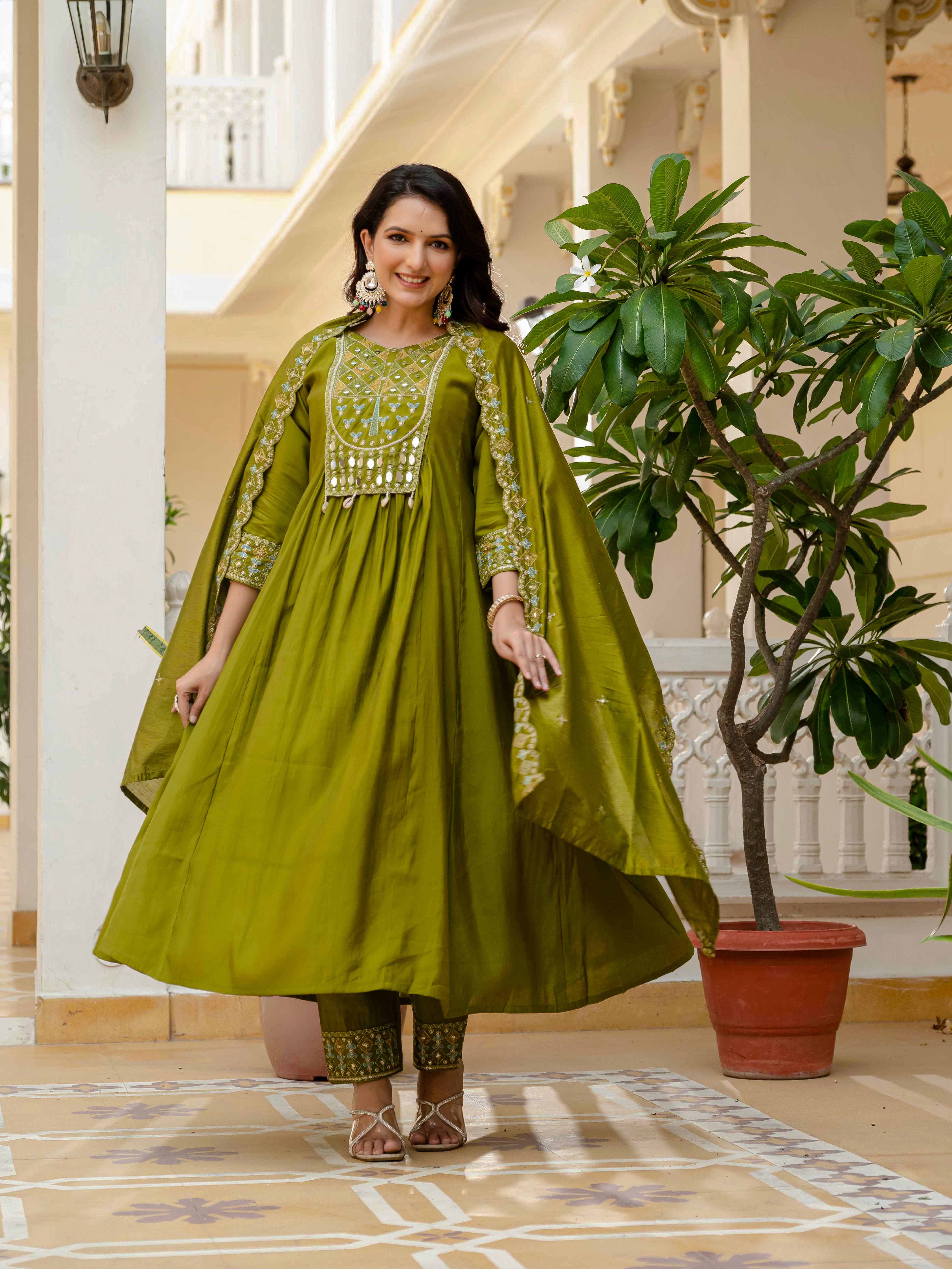 Viscose Roman Silk Embroidered Anarkali Kurti Set – Mahendi