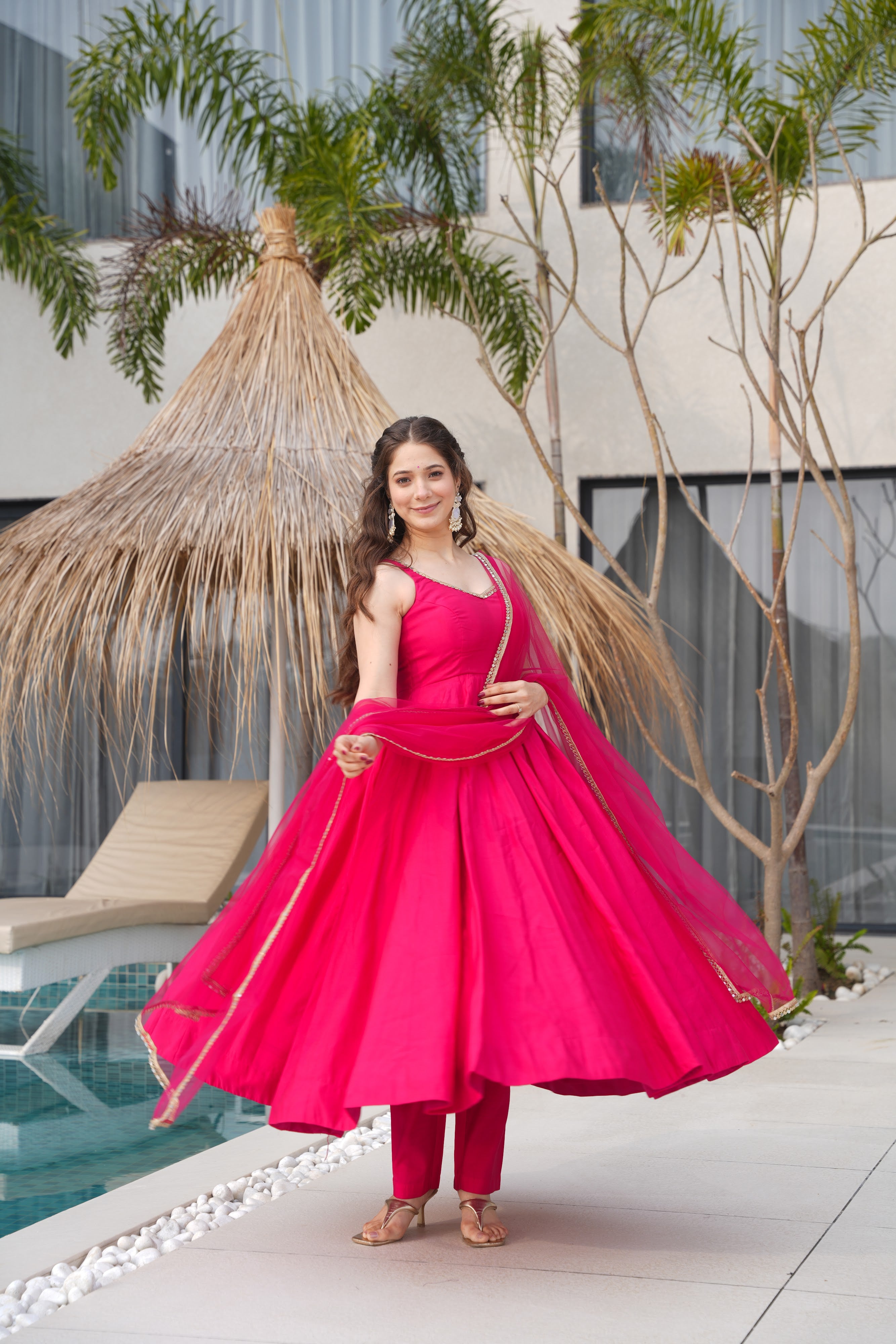 Roman Chanderi Silk Embroidered Anarkali Set – Rani Pink
