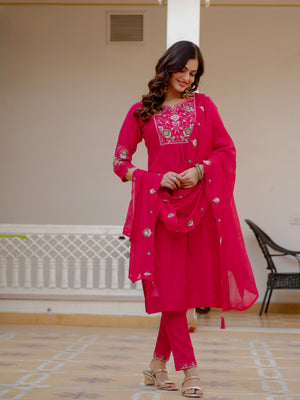 Pure Viscose Mango Silk Embroidered Straight Kurti Set – Pink