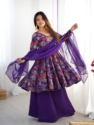 Roman Chanderi Silk Printed Kurta-Palazzo Set – Purple