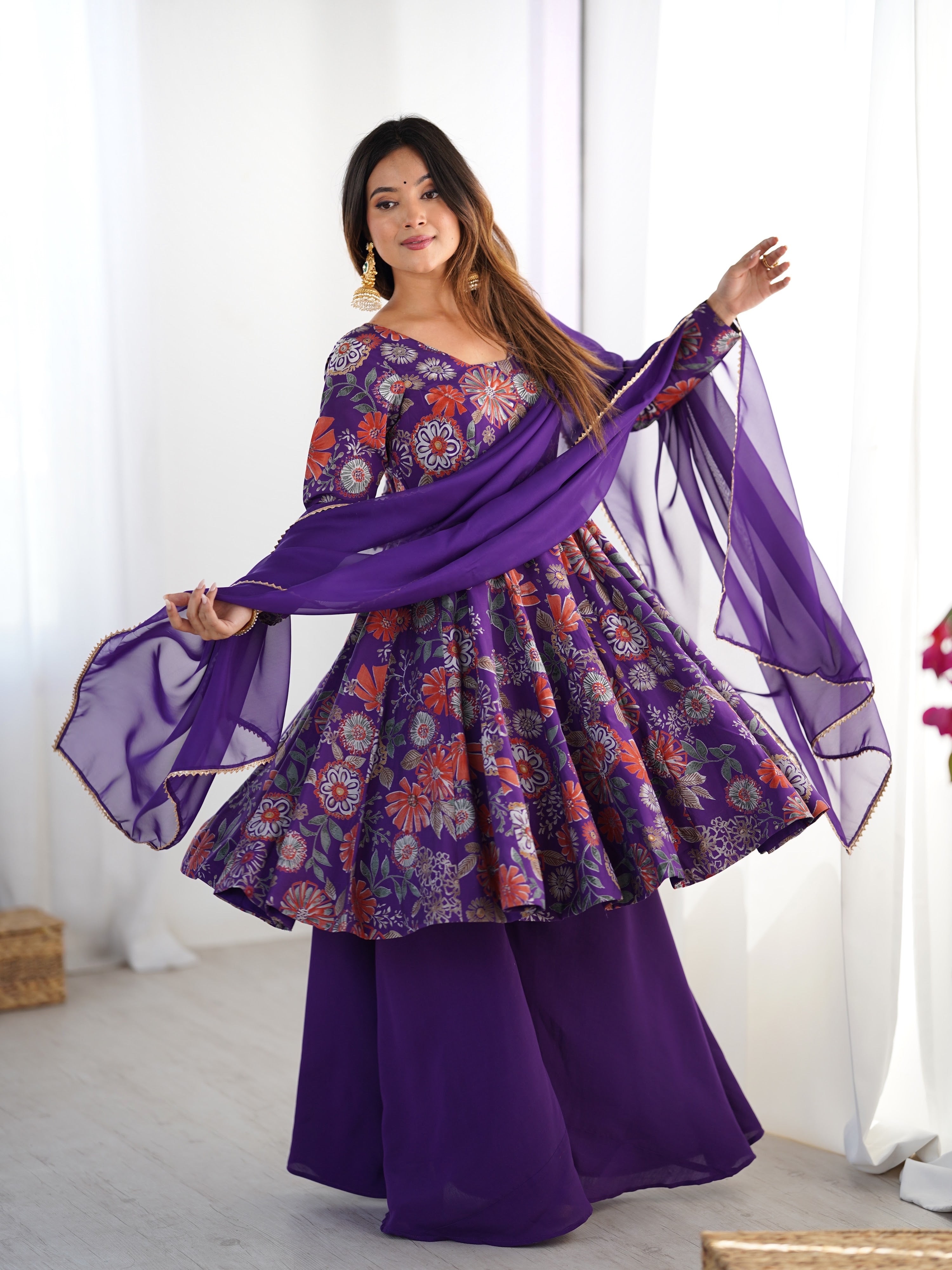 Roman Chanderi Silk Printed Kurta-Palazzo Set – Purple