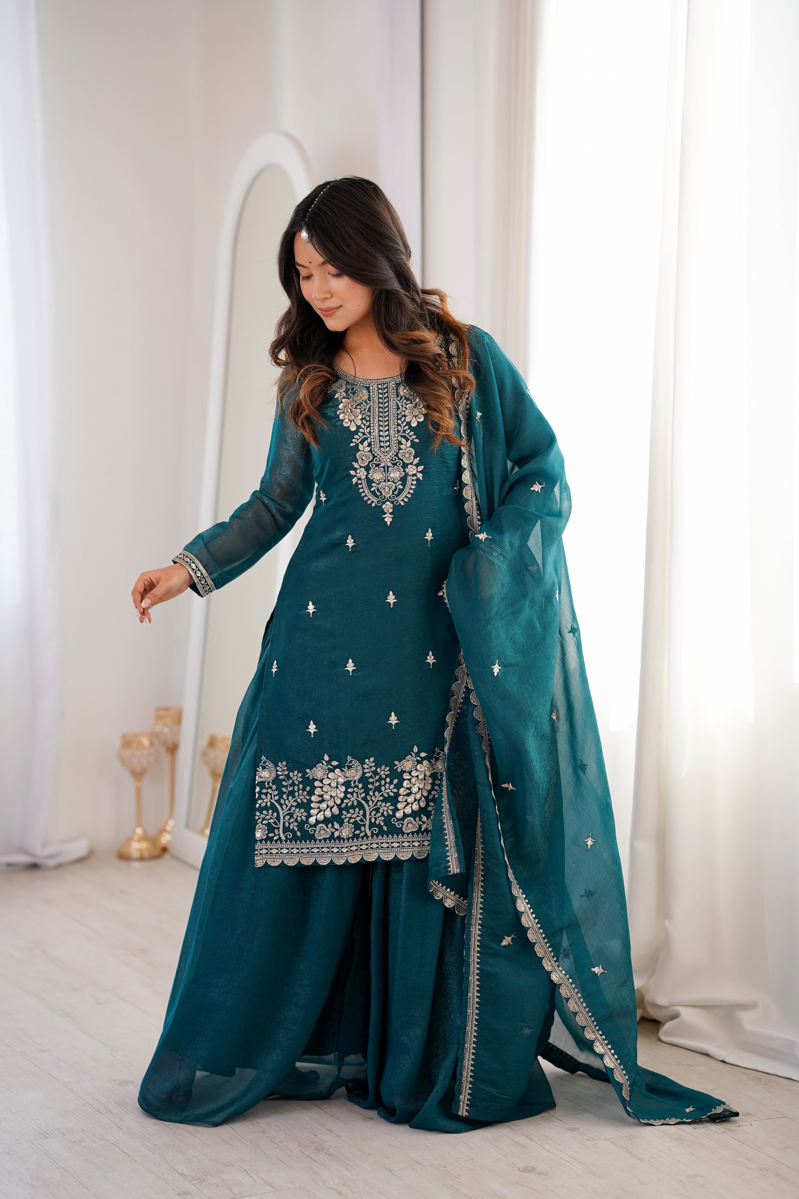 Crunchy Silk Embroidered Sharara Set – Teal Blue