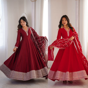Vichitra Silk Embroidered Gown Set – Maroon