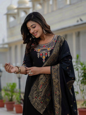 Premium Roman Silk Embroidered Straight Kurti Set – Black