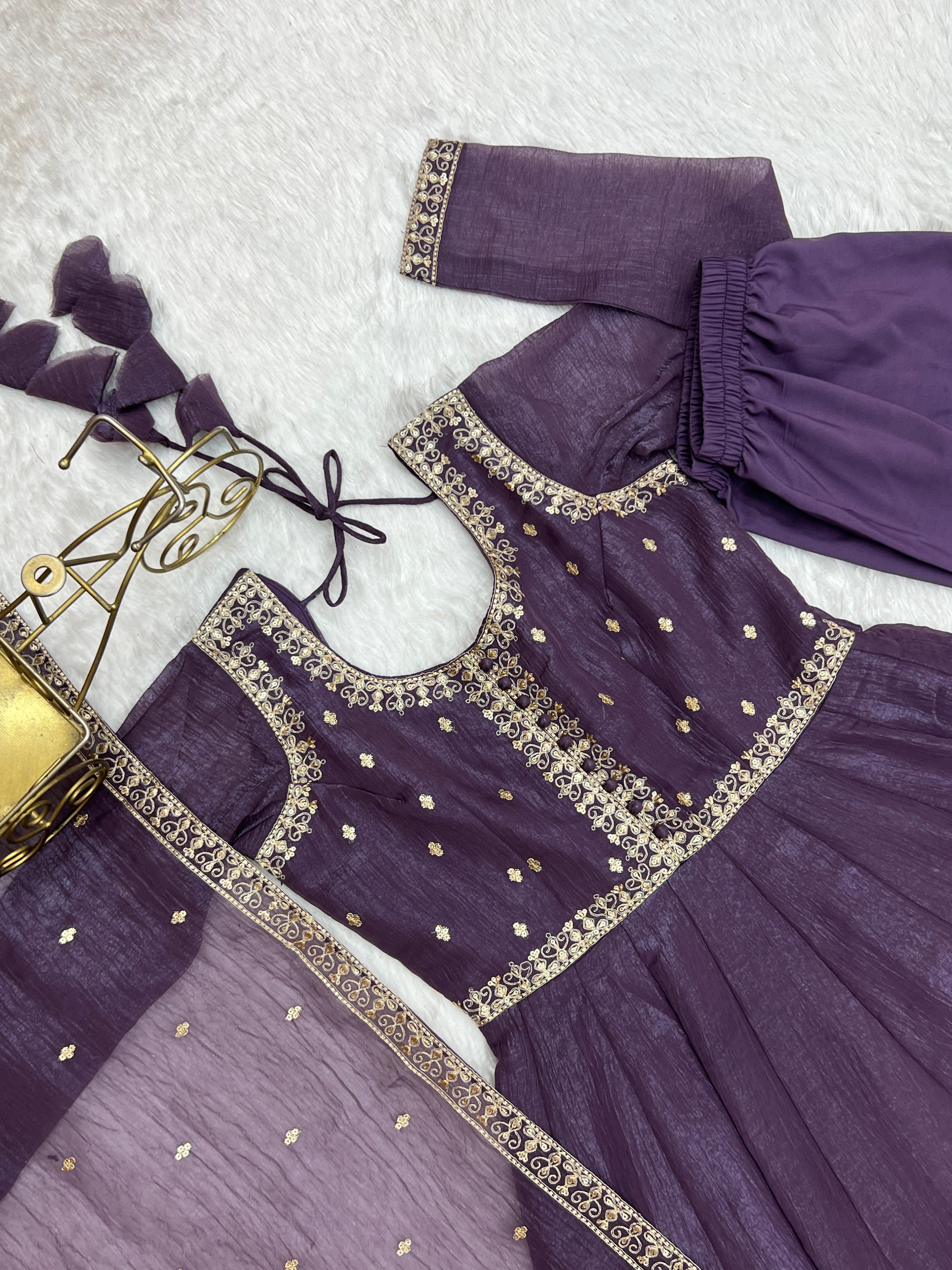 Crunchy Silk Embroidered Gown Set – Purple