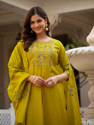Pure Viscose Mango Silk Embroidered Straight Kurti Set – Yellow
