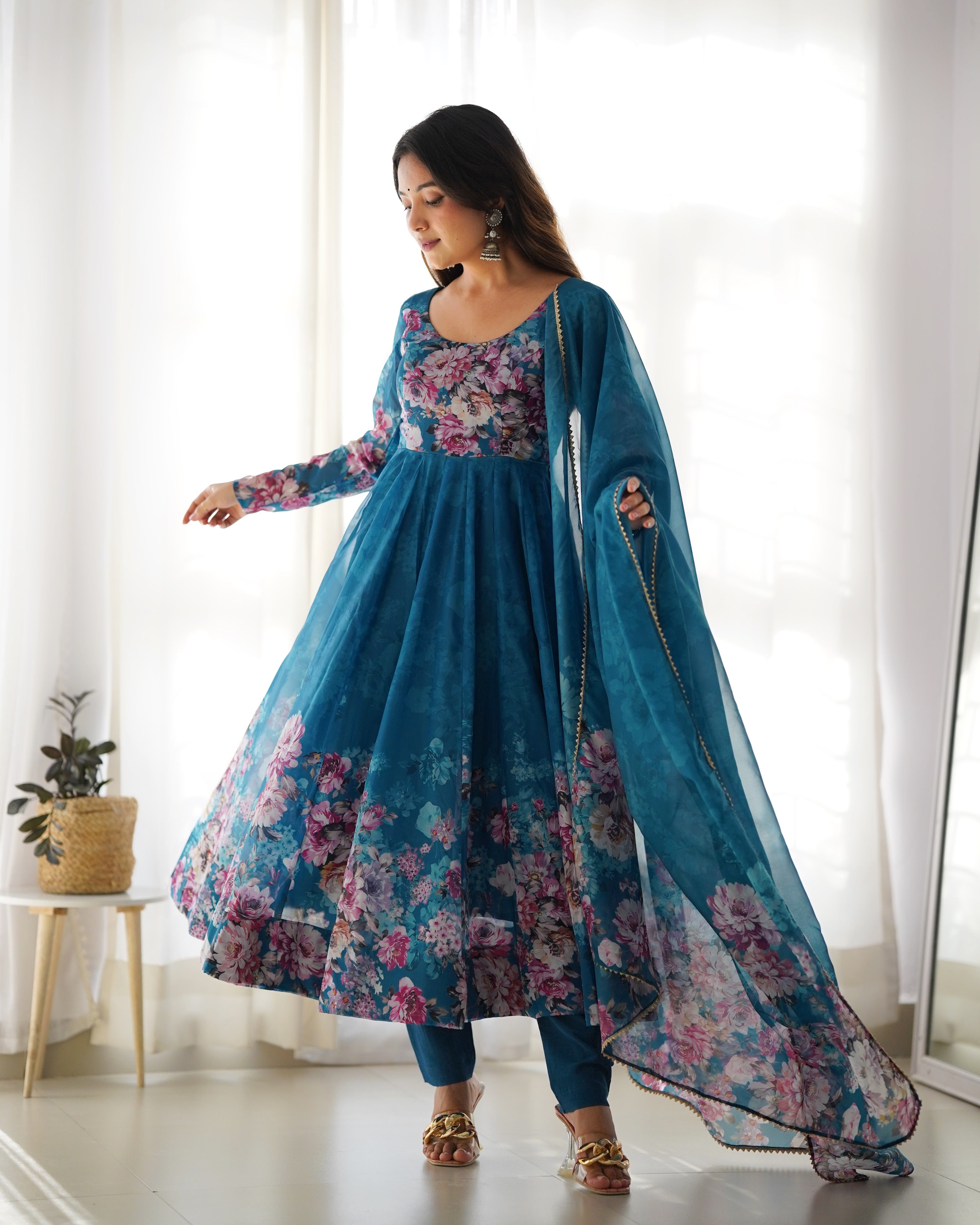 Organza Silk Printed Anarkali Set – Blue