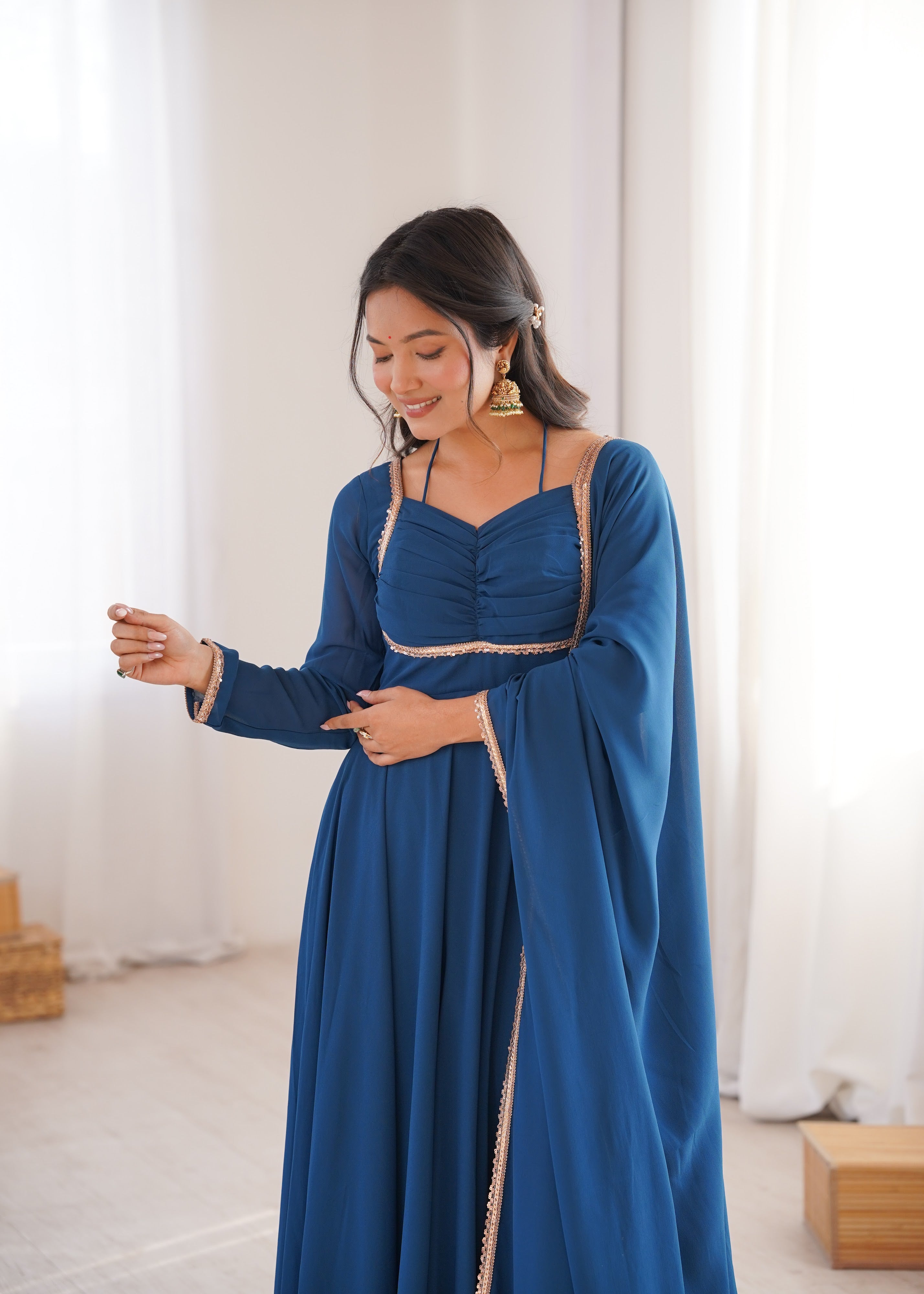 Georgette Embroidered Gown Set – Teal Blue
