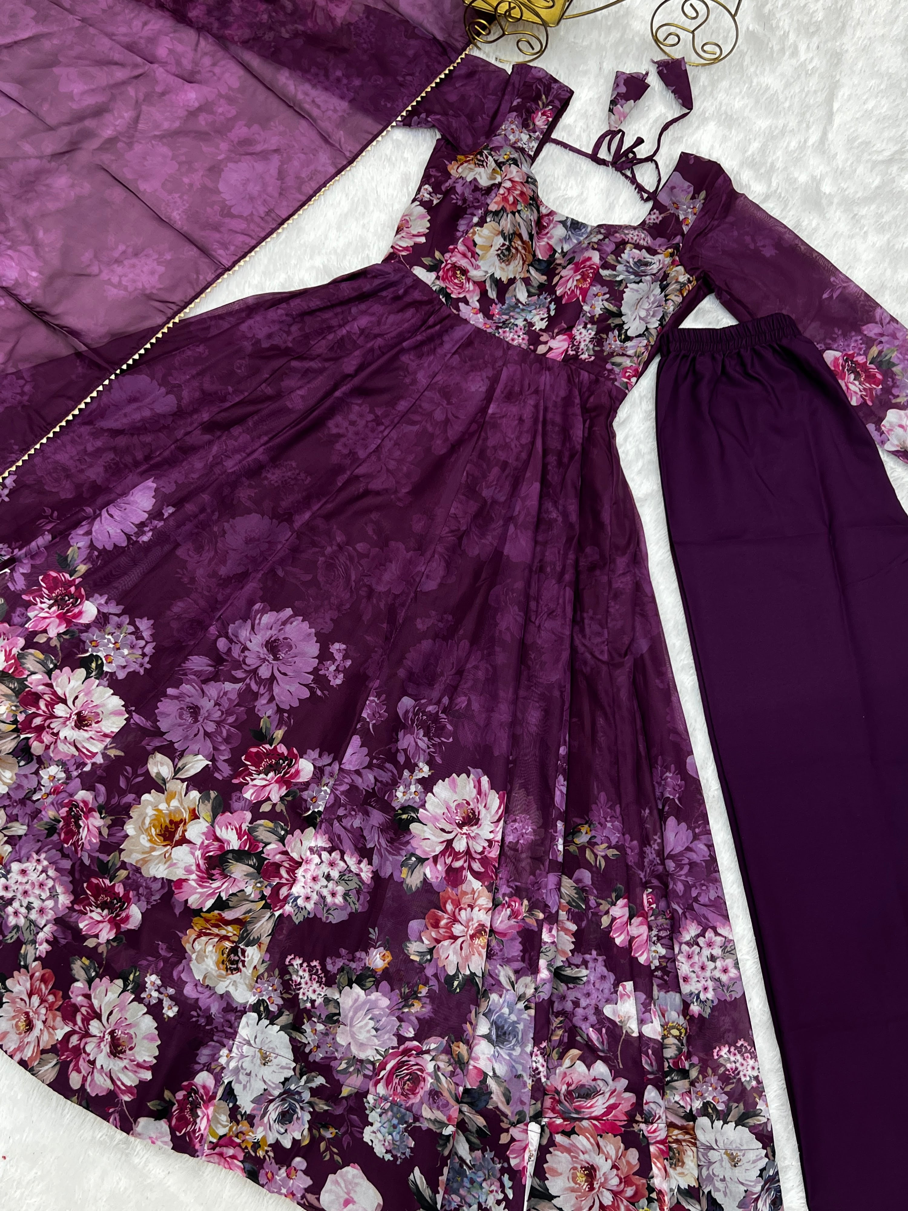 Organza Silk Printed Anarkali Set – Wine