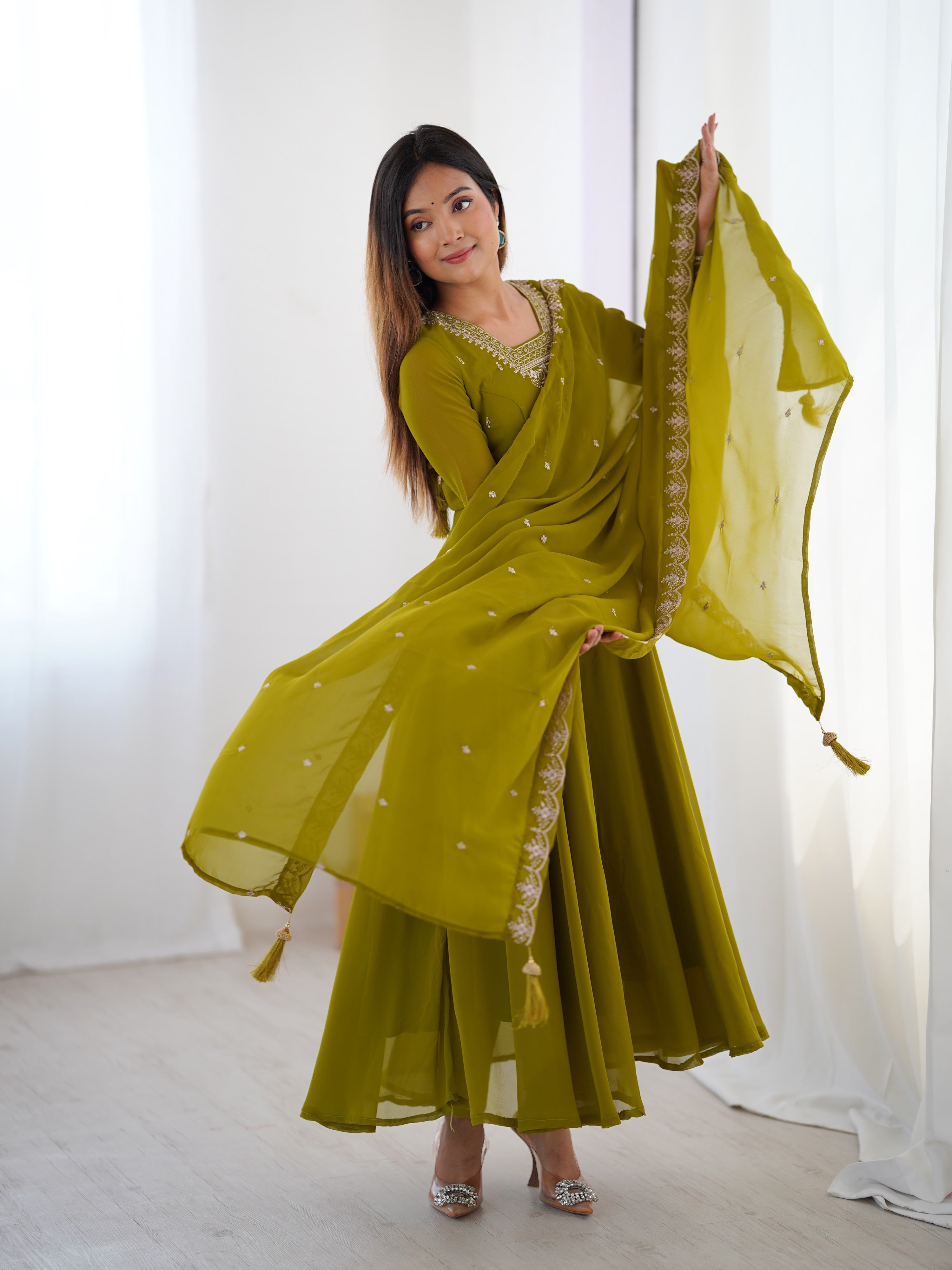 Georgette Embroidered Anarkali Set – Mehndi Green