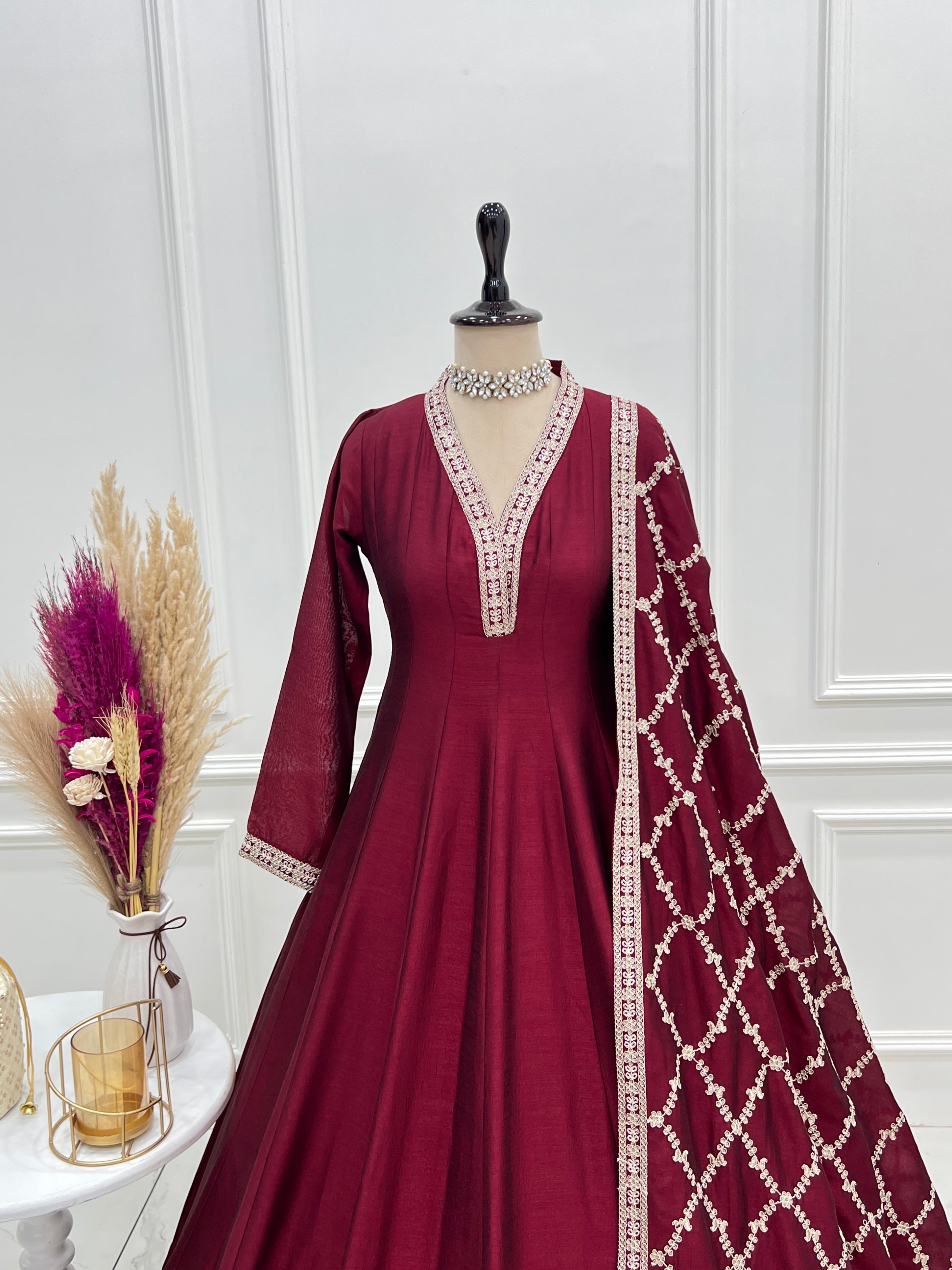 Vichitra Silk Embroidered Gown Set – Maroon