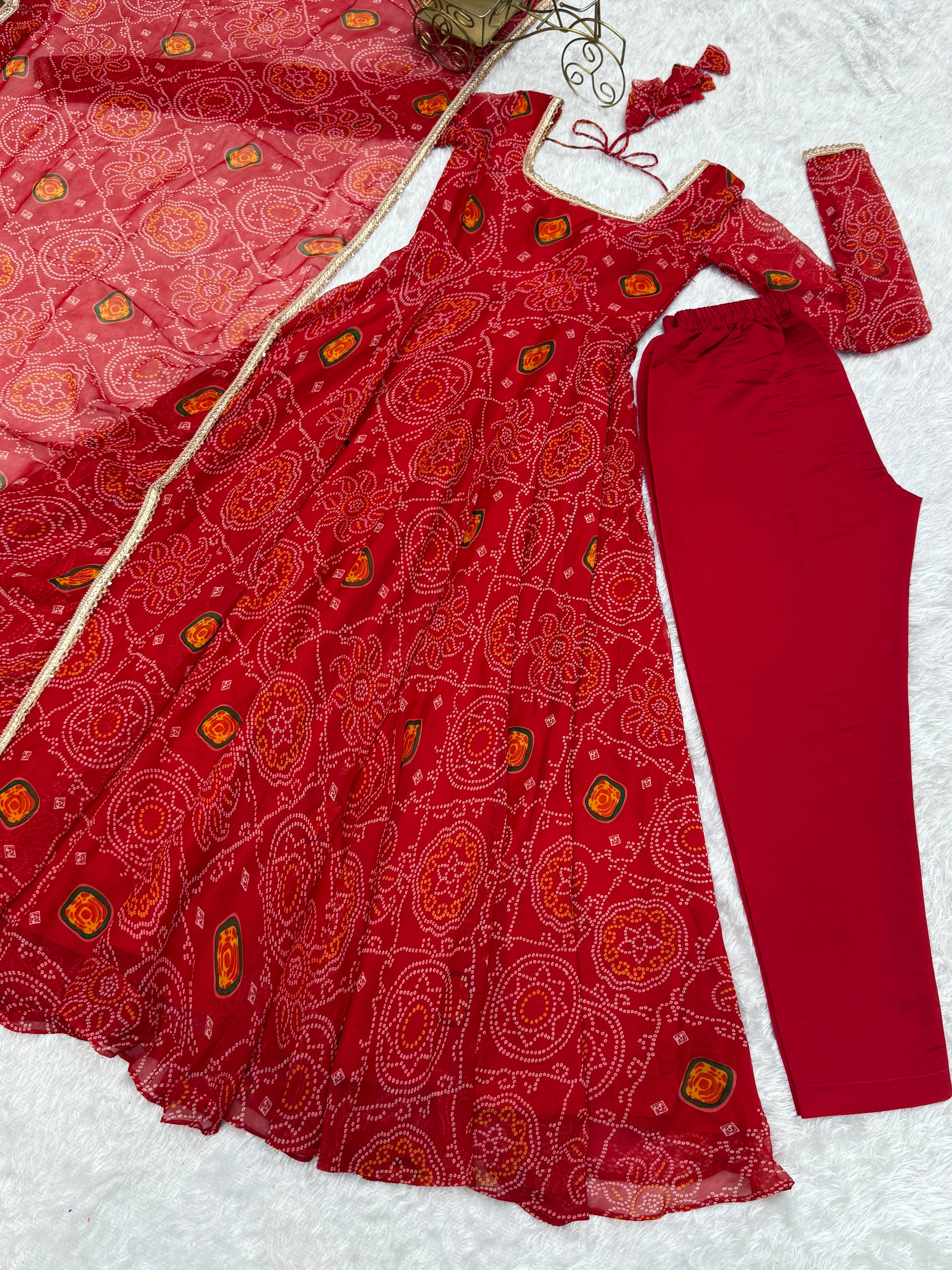 Soft Lightweight Chiffon Bandhej Fabric Inner Micro Cotton Embroidered Anarkali Set – Orange