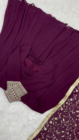 Georgette Embroidered Gown Set – Wine