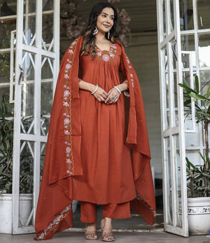 Soft Rayon Slub Embroidered Kurta Pant Dupatta Set – Orange