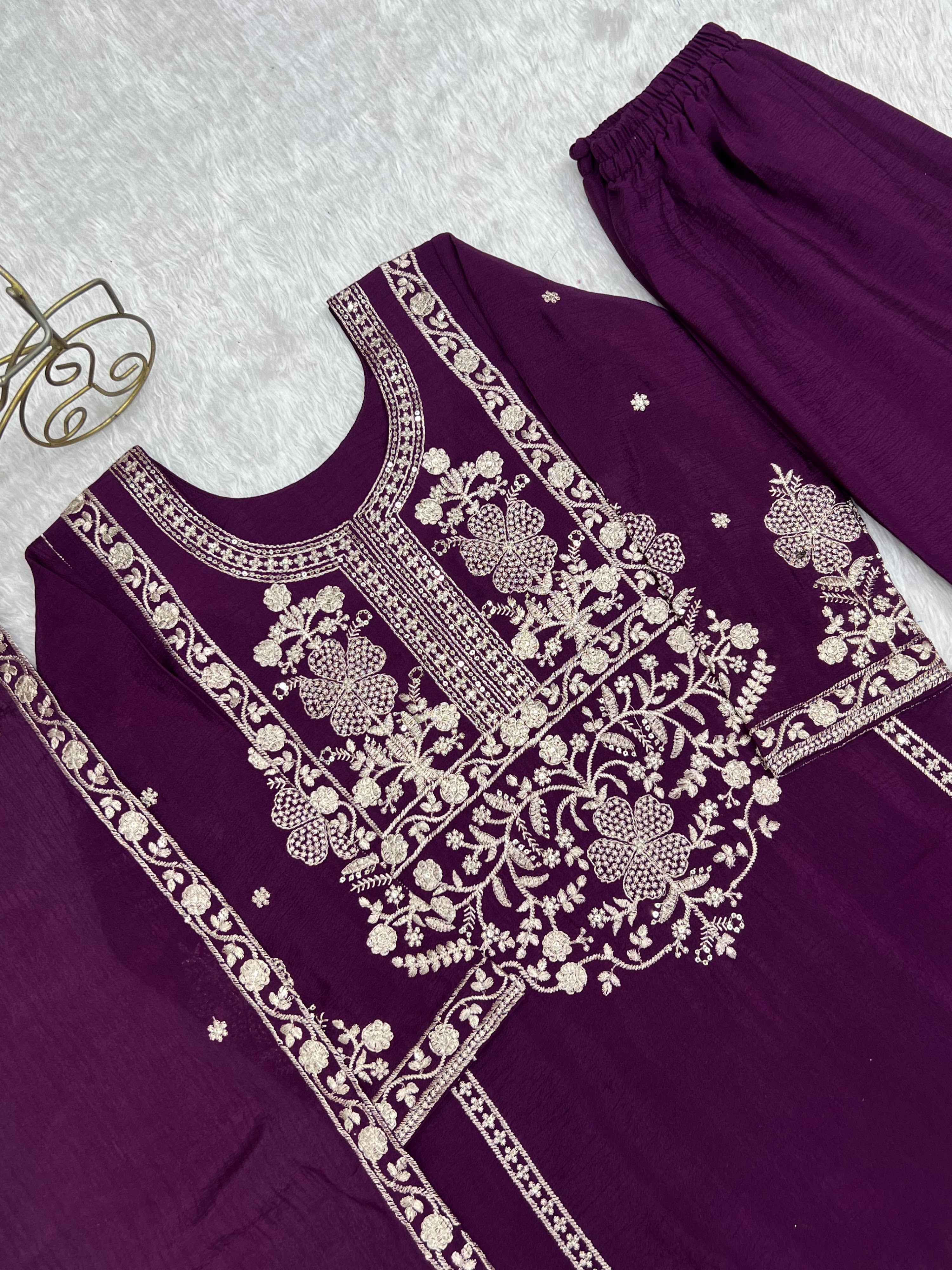 Chinon Silk Embroidered Kurta-Sharara Set – Purple