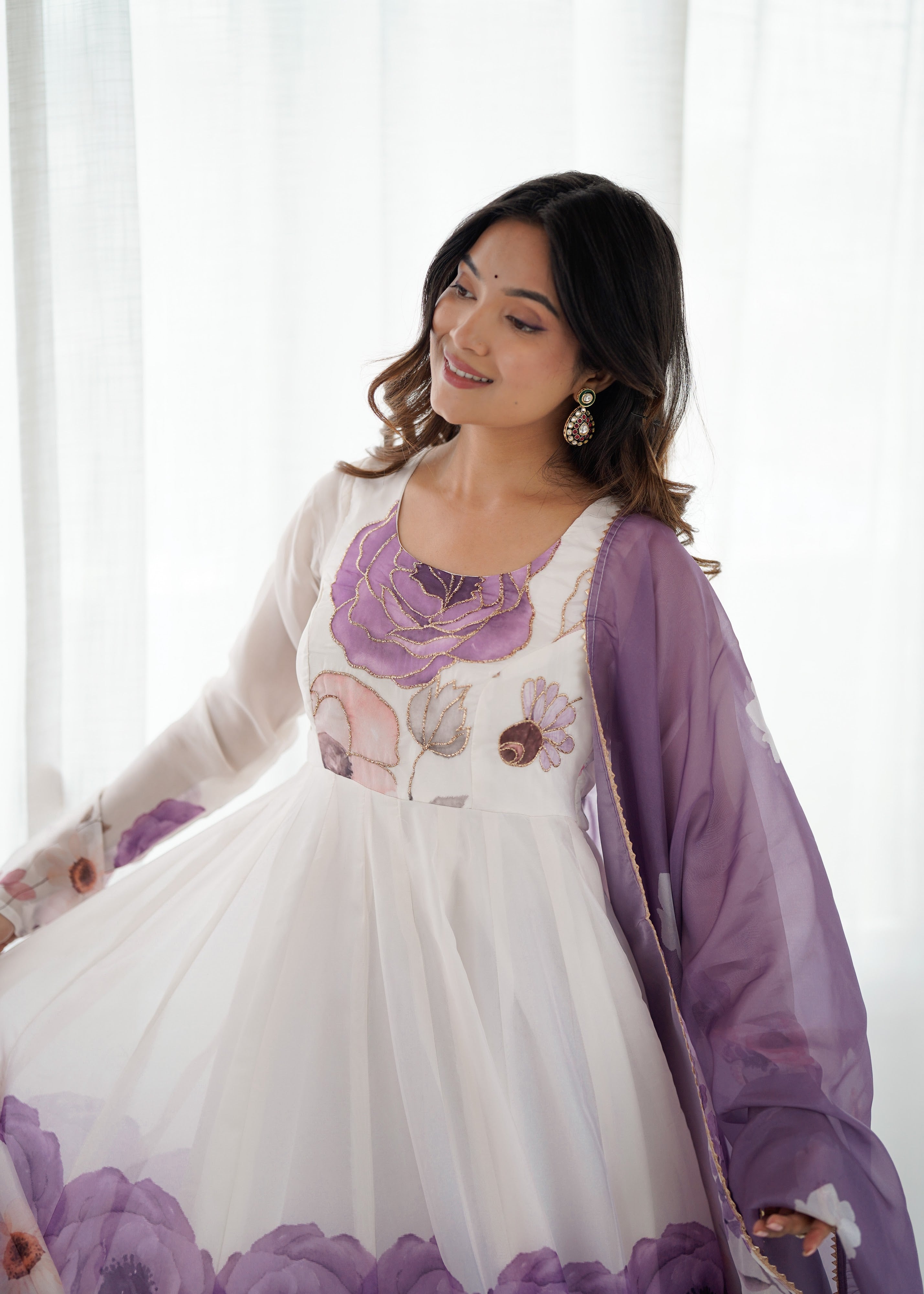Organza Silk Printed Anarkali Set – Lilac Floral