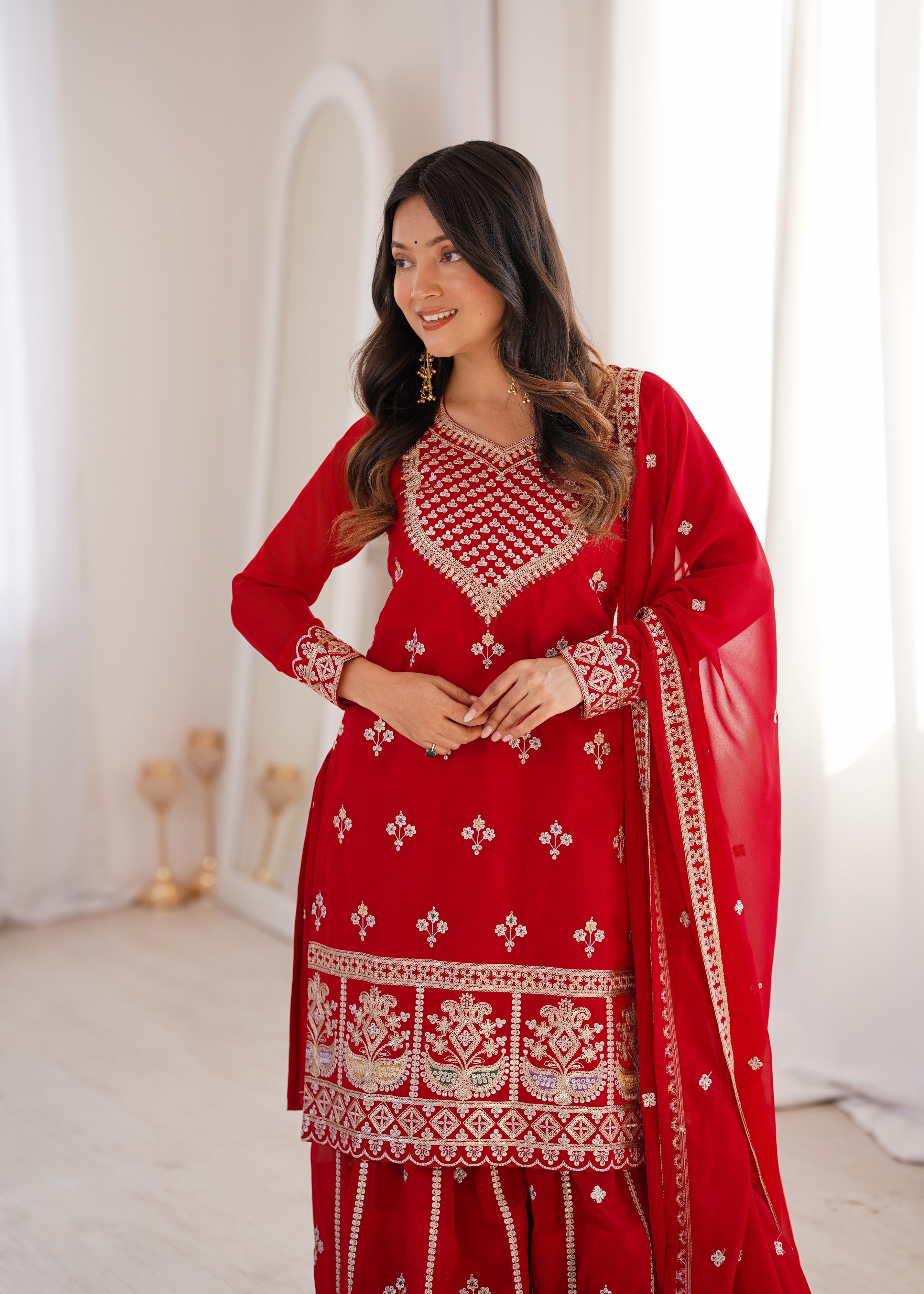 Georgette Embroidered Kurta-Sharara Set – Red