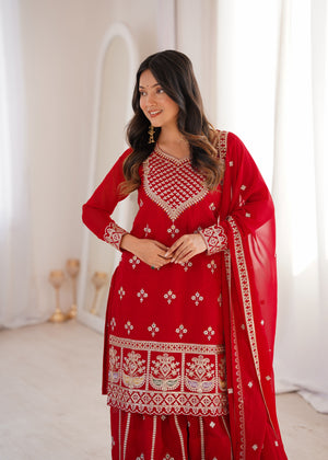 Georgette Embroidered Kurta-Sharara Set – Red