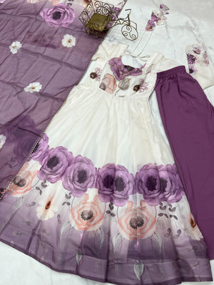 Organza Silk Printed Anarkali Set – Lilac Floral