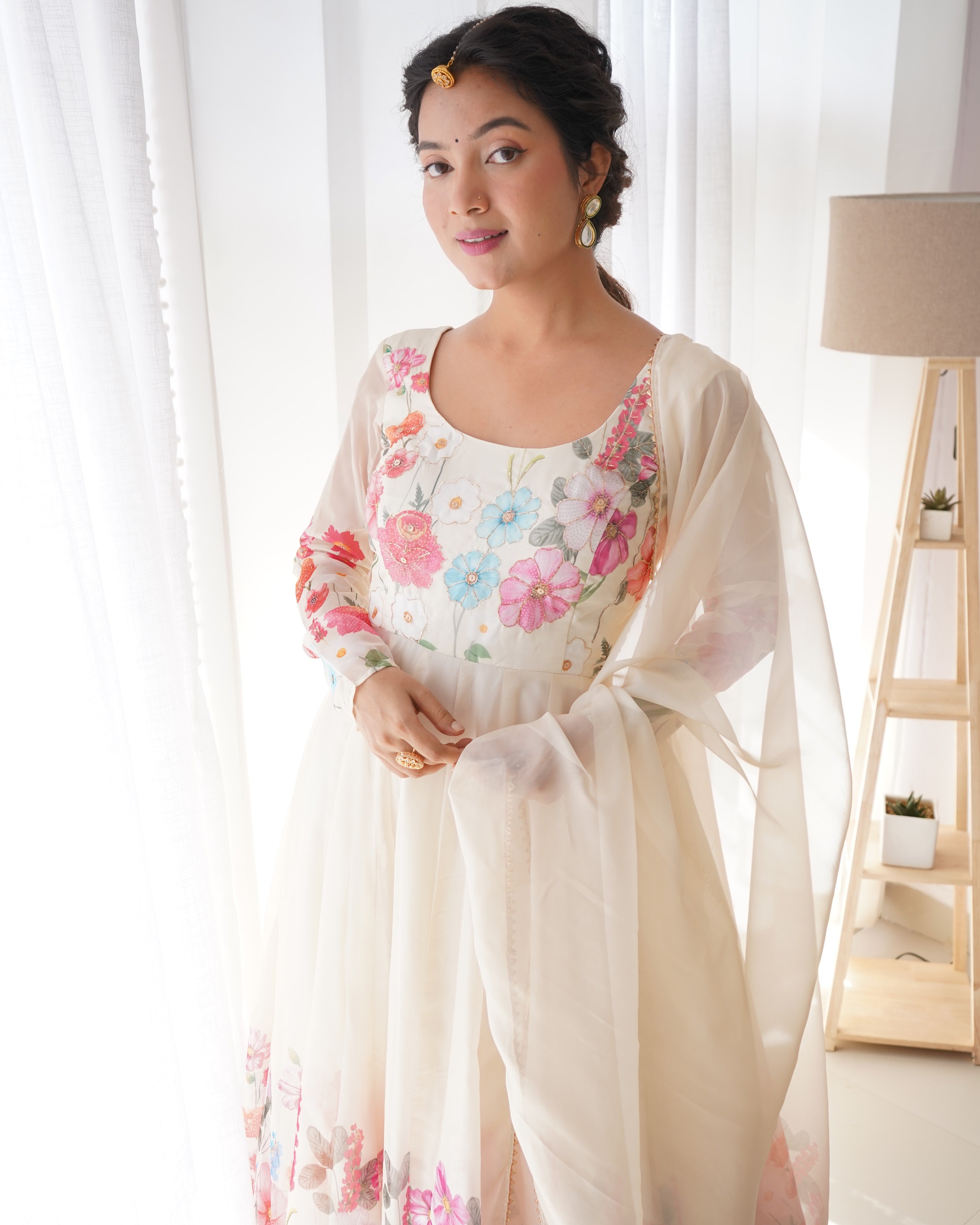 Organza Silk Printed Anarkali Set – Cream