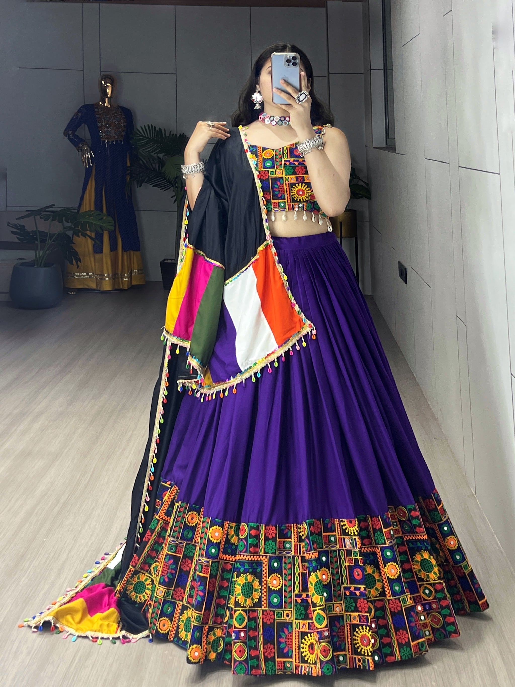 Navratri Purple Gamthi Mirror Work Lehenga Set