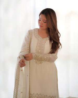 Chinon Silk Embroidered Straight Kurta Set – Ivory