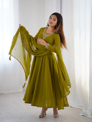 Georgette Embroidered Anarkali Set – Mehndi Green