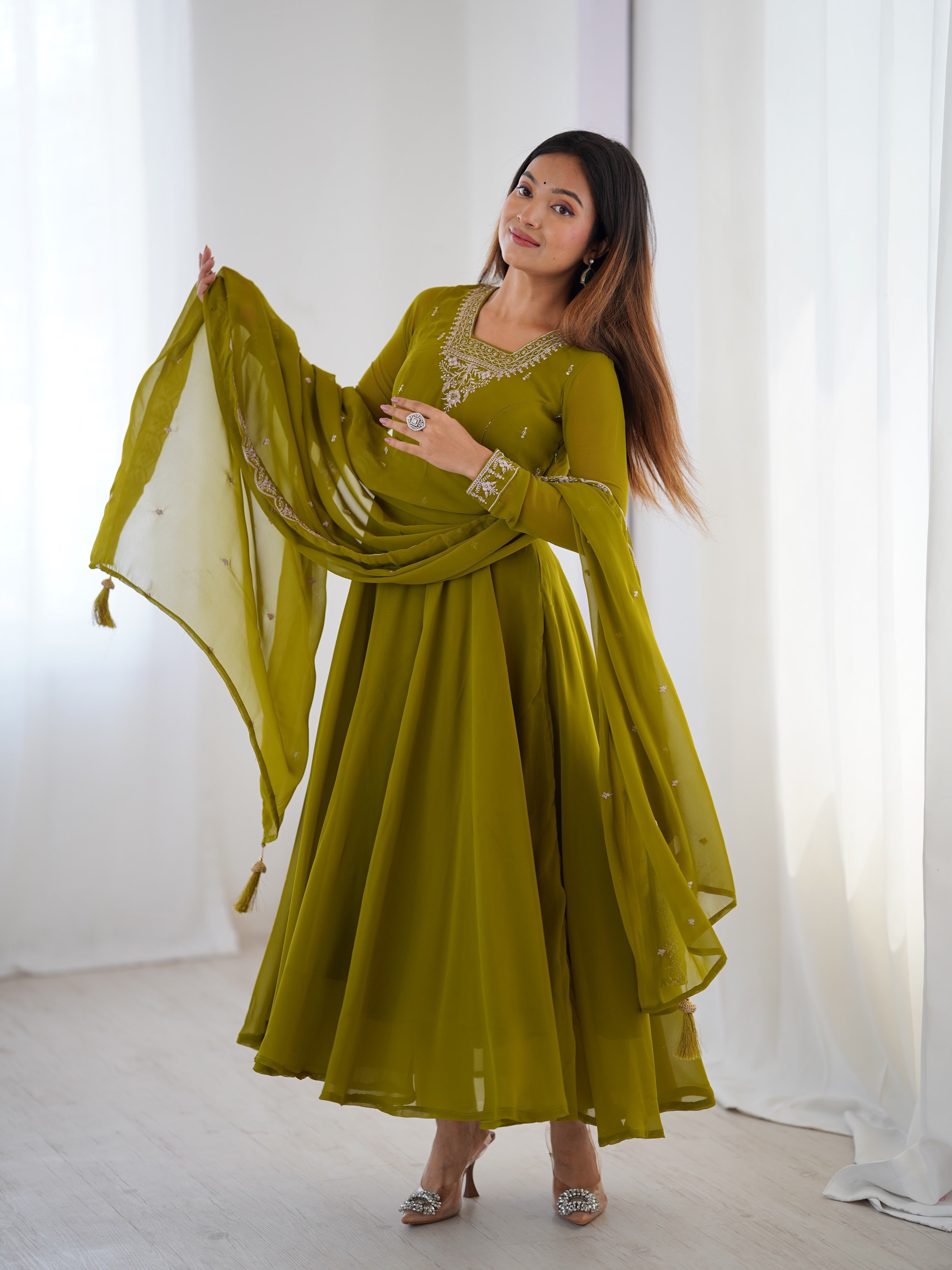 Georgette Embroidered Anarkali Set – Mehndi Green