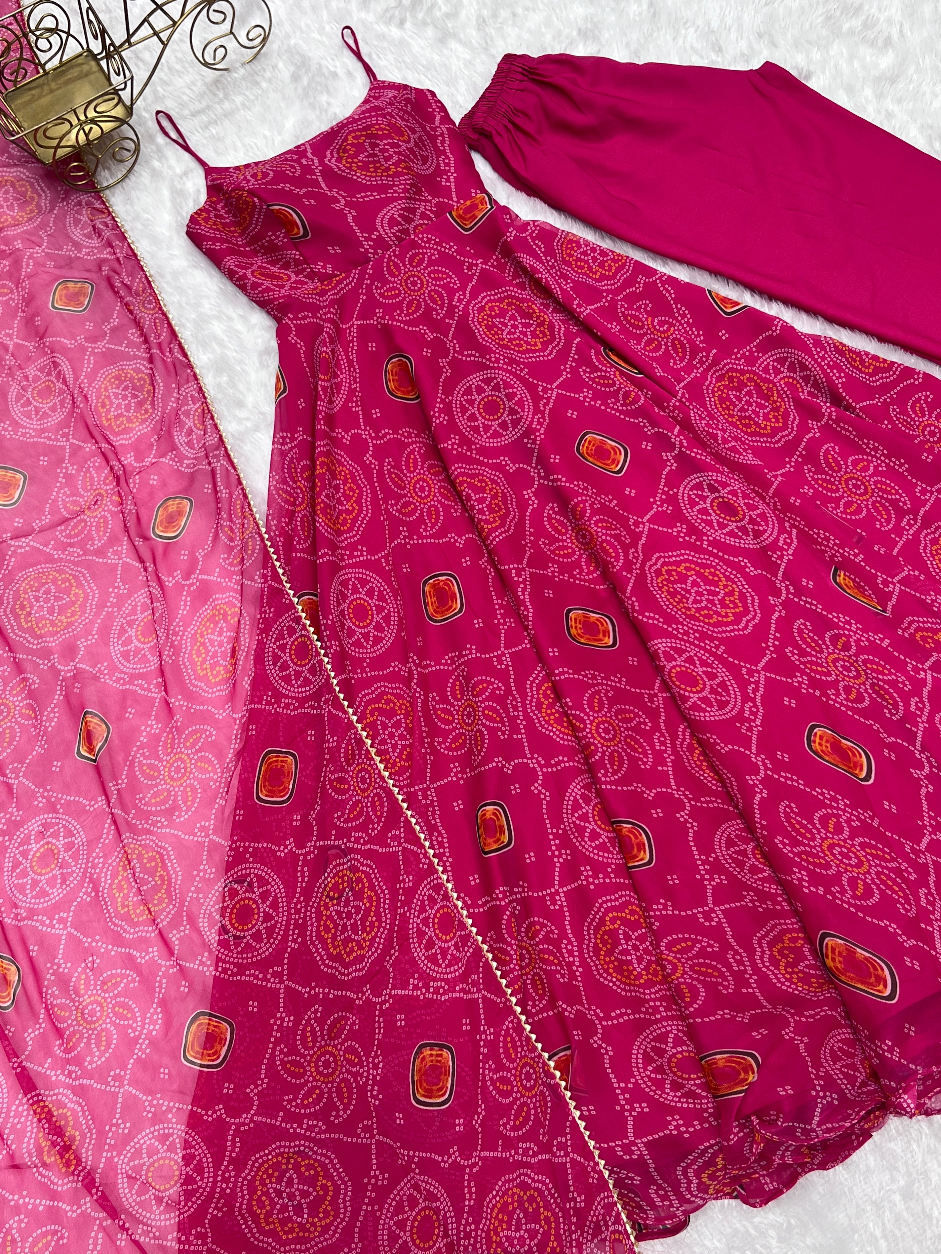 Soft Lightweight Chiffon Bandhej Embroidered Gown Set – Pink
