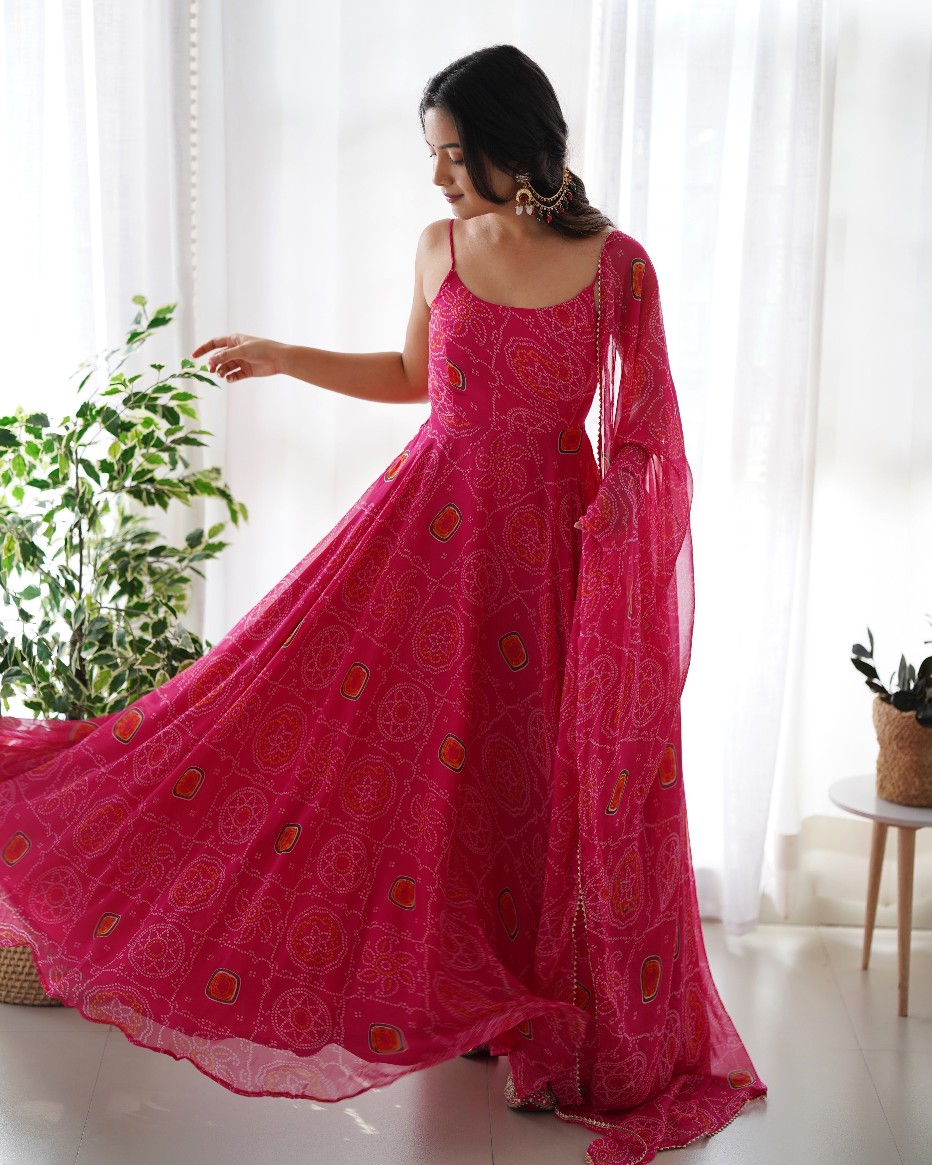 Soft Lightweight Chiffon Bandhej Embroidered Gown Set – Pink