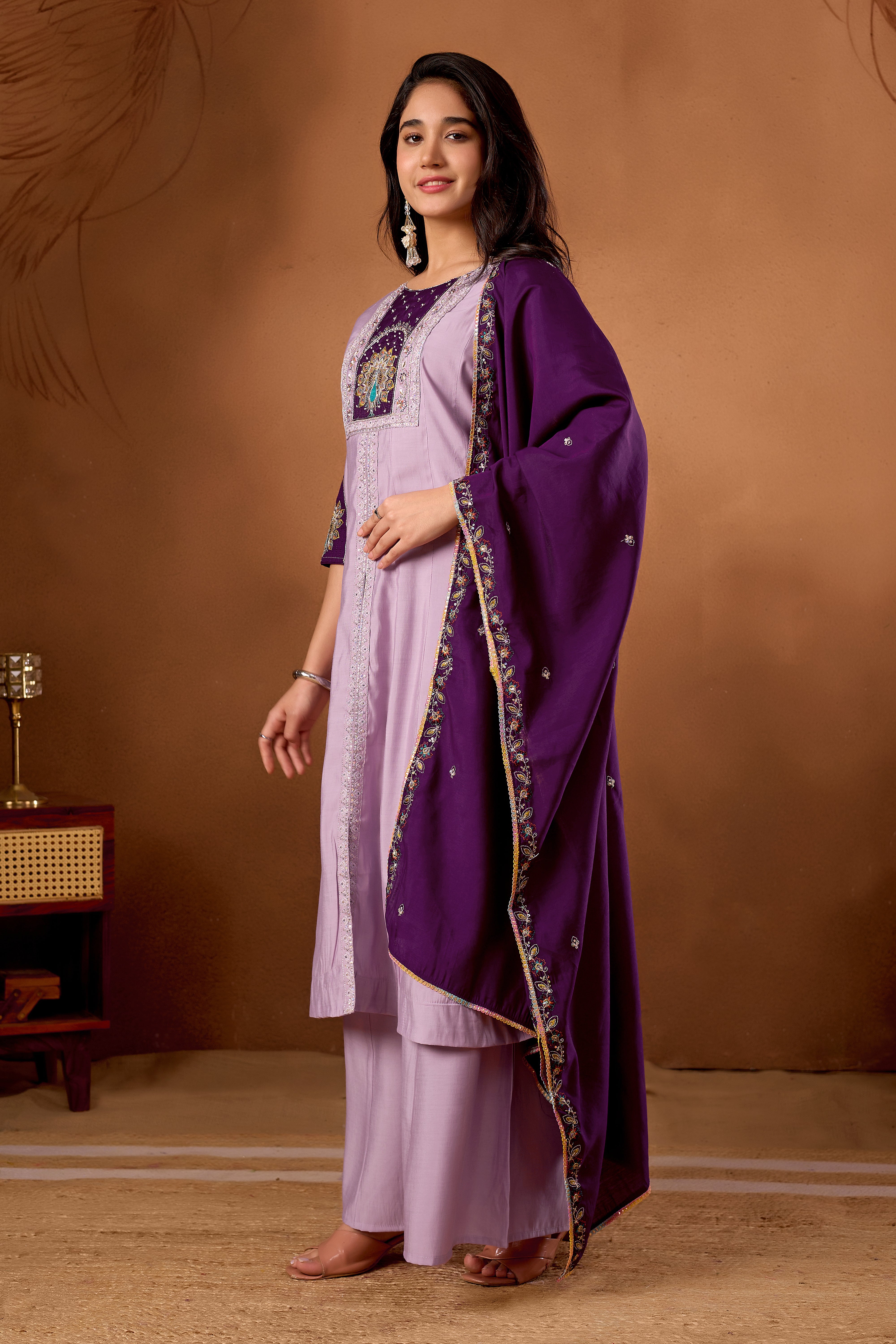 Roman Silk Embroidered Anarkali Kurti Set – Light Lovender