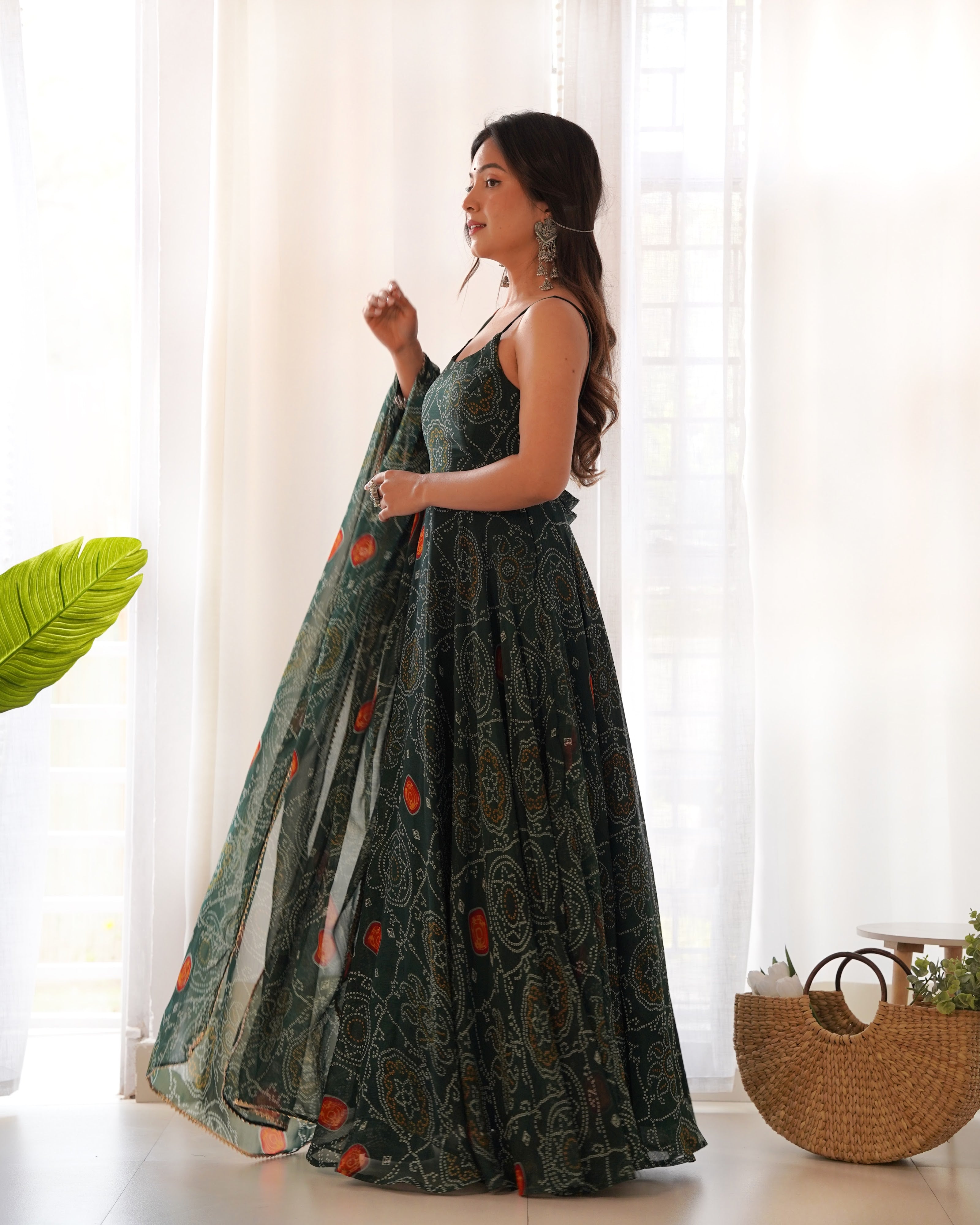 Soft Lightweight Chiffon Bandhej Embroidered Gown Set – Bottle Green
