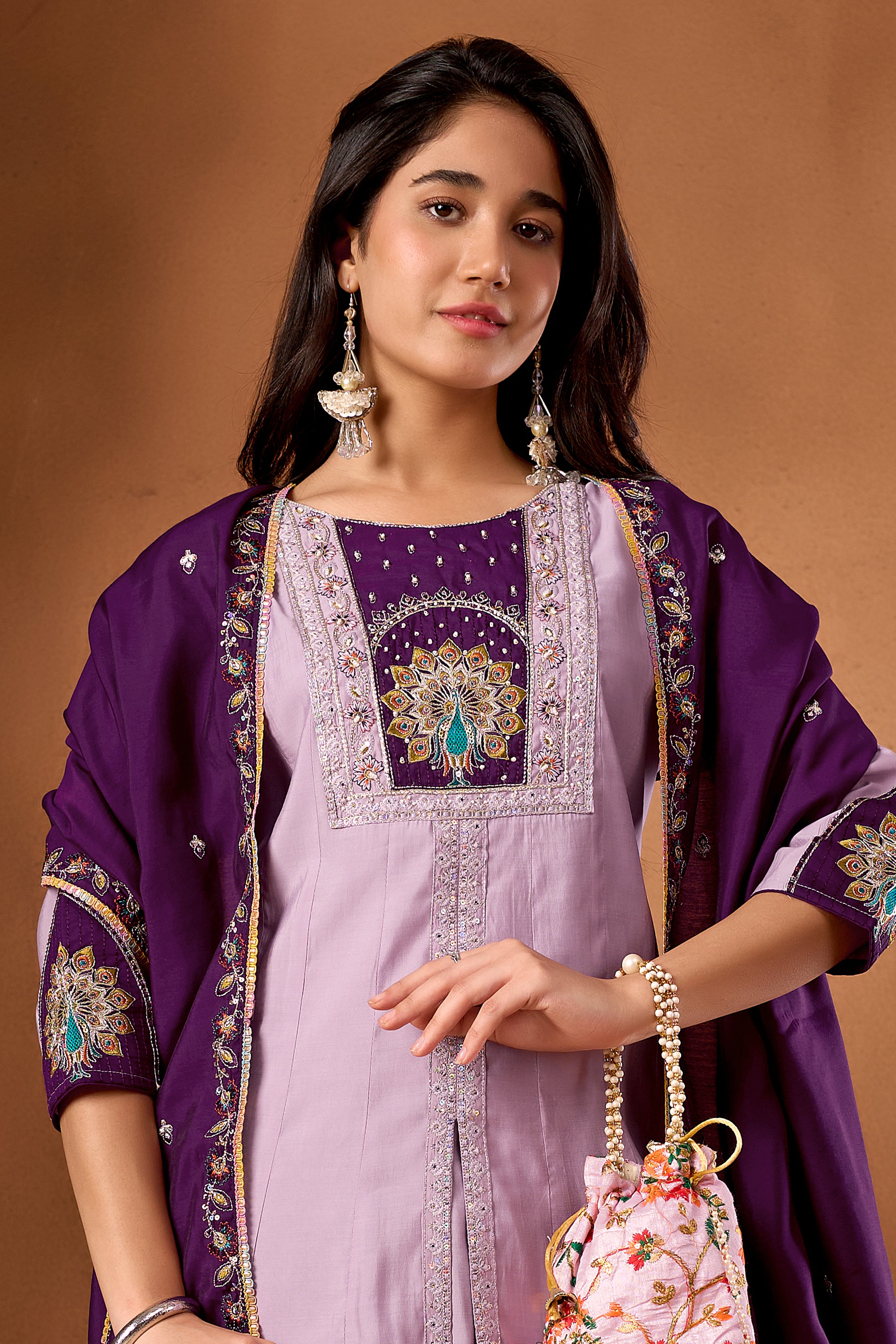 Roman Silk Embroidered Anarkali Kurti Set – Light Lovender
