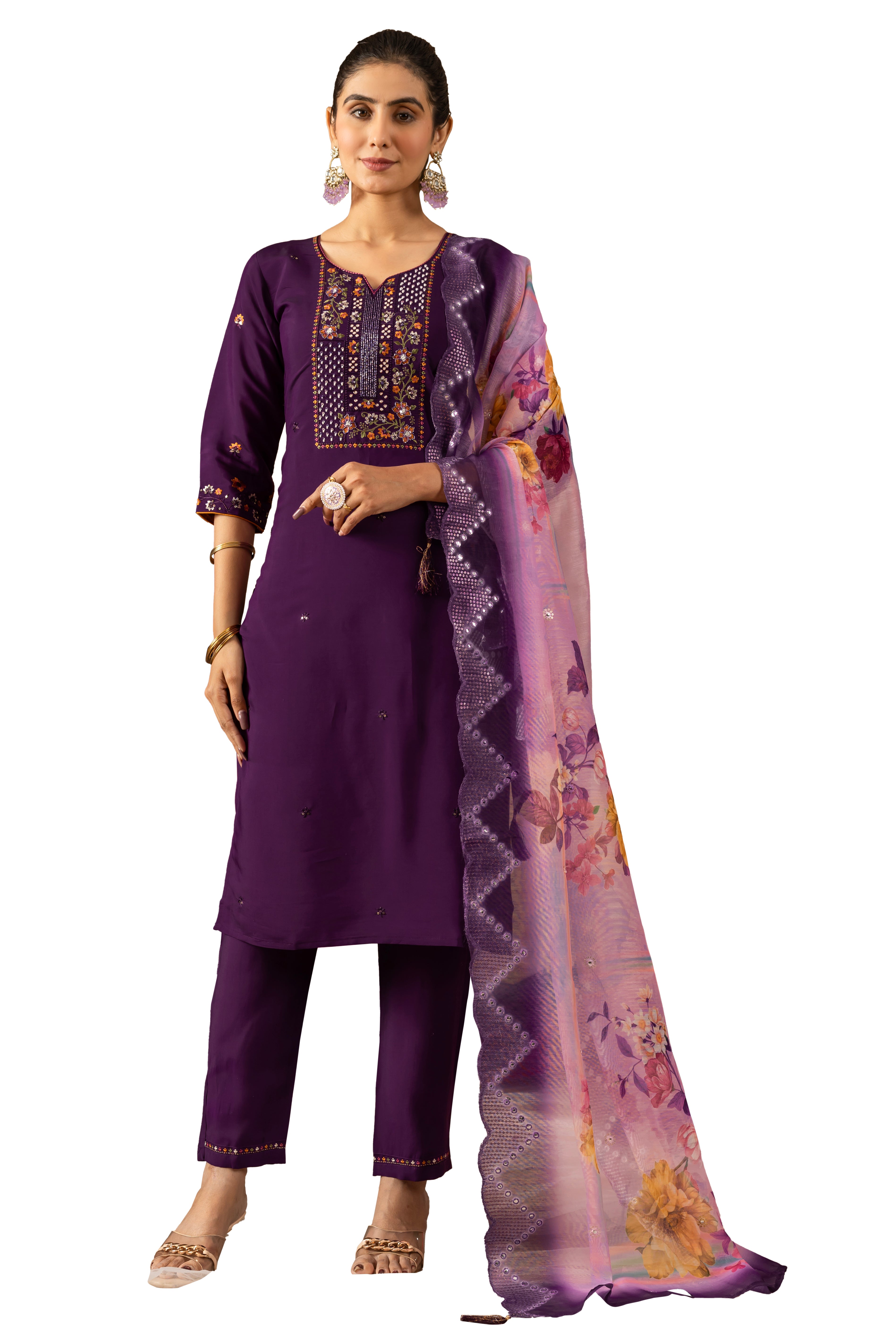 Roman Silk Embroidered Straight Kurti Set – Purple
