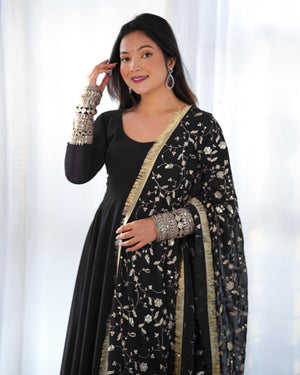 Georgette Embroidered Gown Set – Black