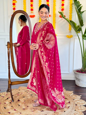 Viscose Chanderi Embroidered Kurta Pant Dupatta Set – Rani Pink