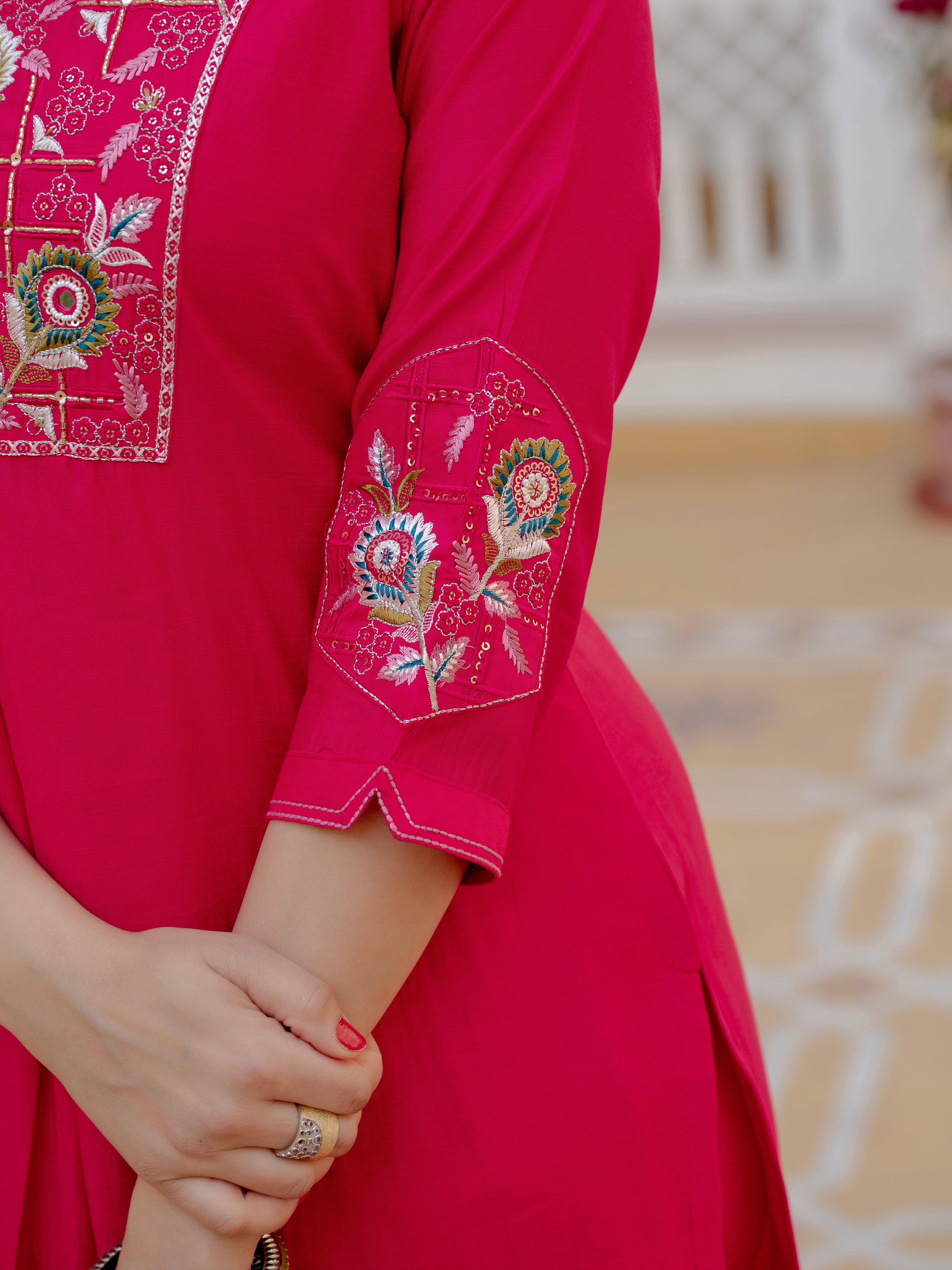 Pure Viscose Mango Silk Embroidered Straight Kurti Set – Pink