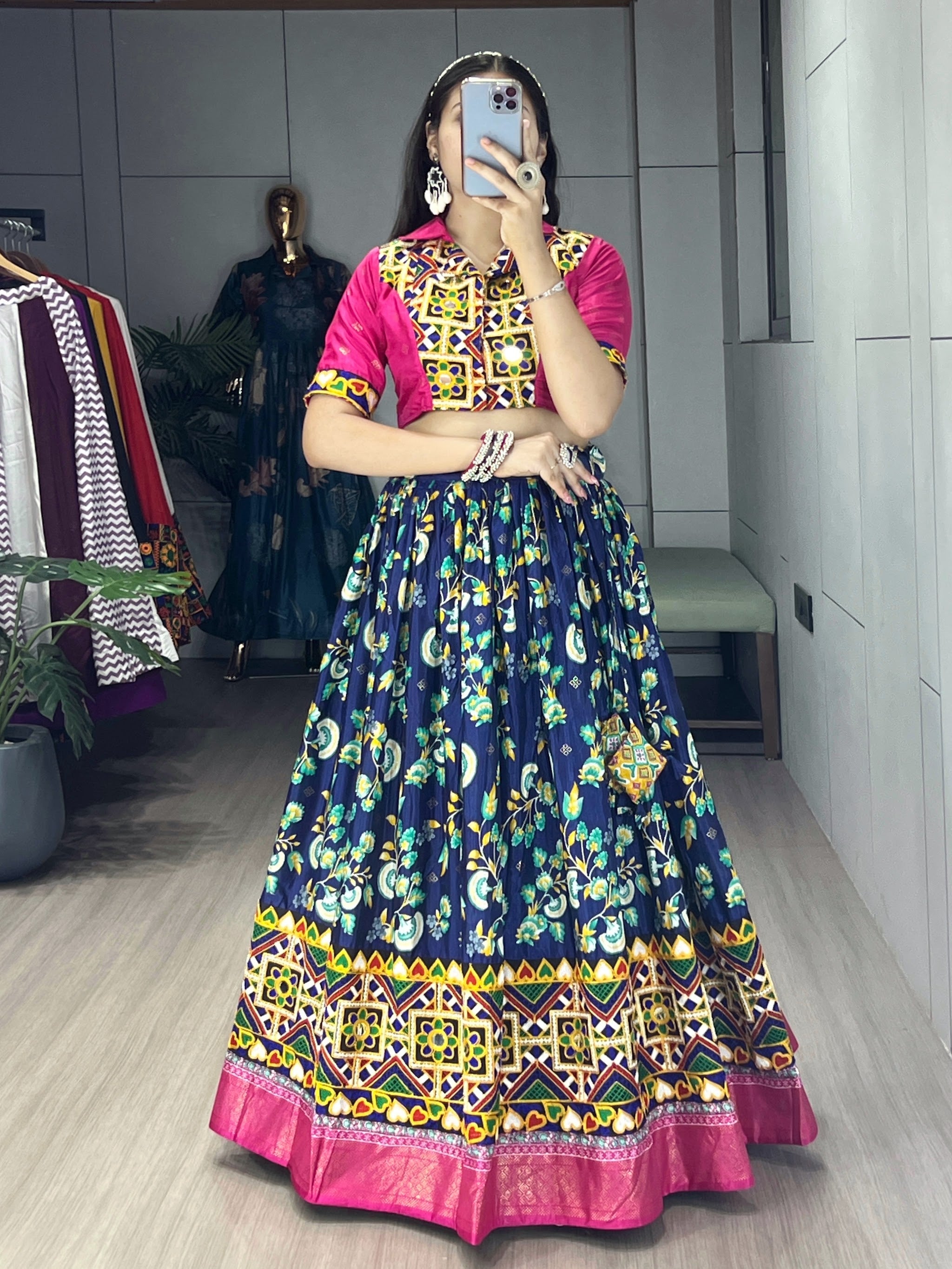Navratri Navy Blue Floral Lehenga Set