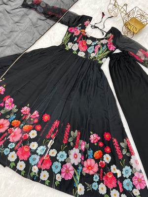 Organza Silk Printed Anarkali Set – Black