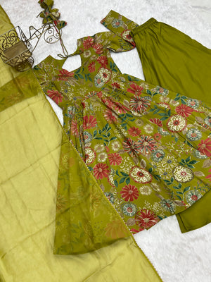 Roman Chanderi Silk Printed Kurta-Palazzo Set – Mehndi Green