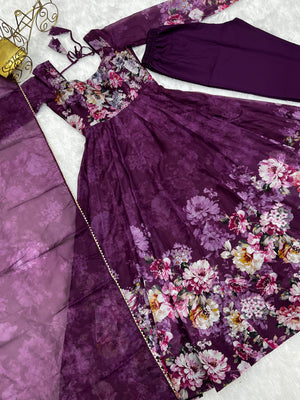Organza Silk Printed Anarkali Set – Wine
