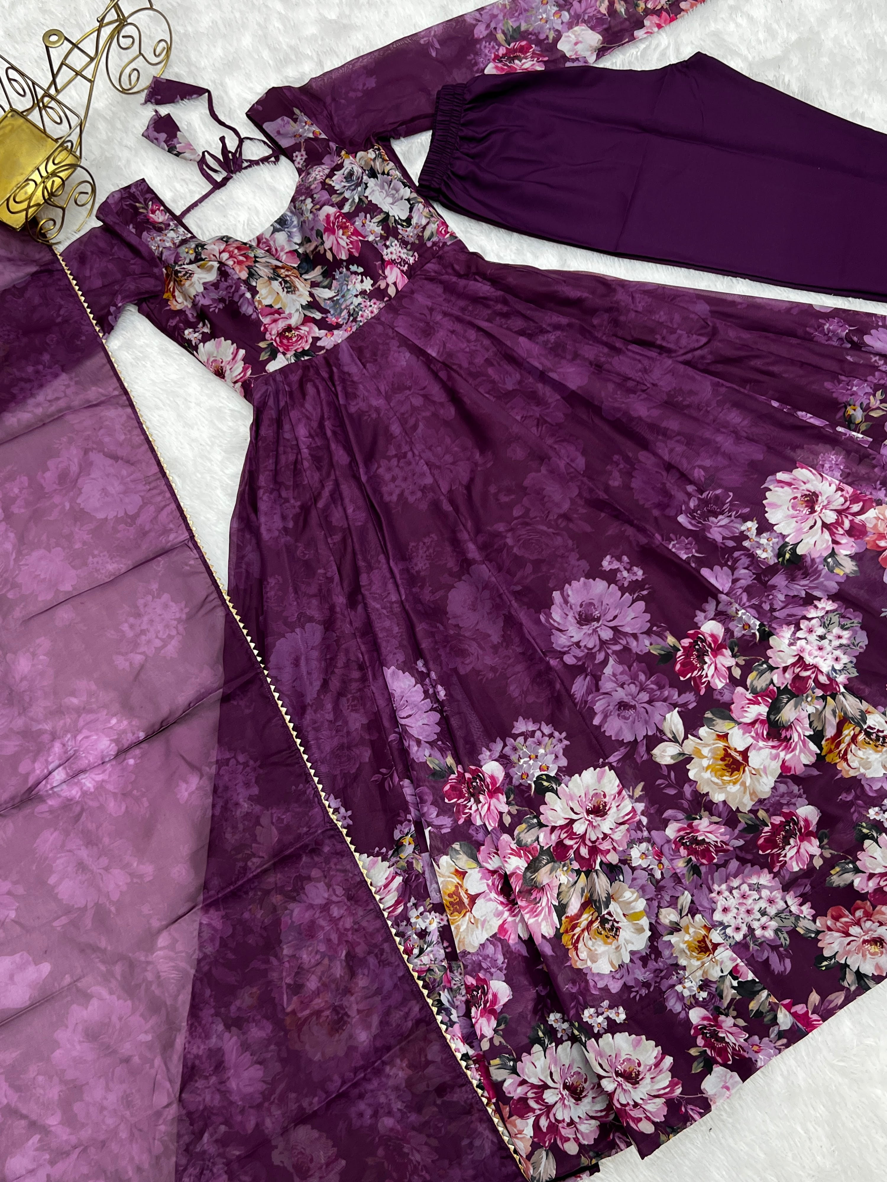 Organza Silk Printed Anarkali Set – Wine