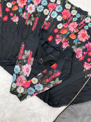 Organza Silk Printed Anarkali Set – Black